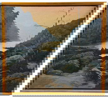 "Fjord and Beach" Oil by Michael Scott: Michael Scott (American, b. 1952). Oil on canvas, signed l.r. and with SHerry French Gallery, NY label on verso. 16" x 18" (sight), 17" x 19" (framed).