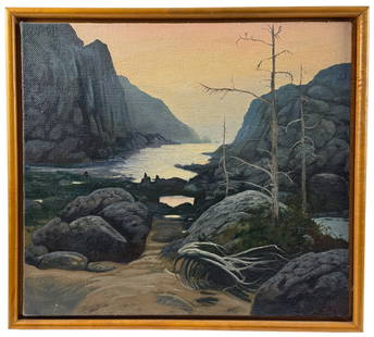 "Fjord and Beach" Oil by Michael Scott: Michael Scott (American/Cincinnati, b. 1958). Oil on canvas, signed l.r. and with SHerry French Gallery, NY label on verso. 16" x 18" (sight), 17" x 19" (framed).