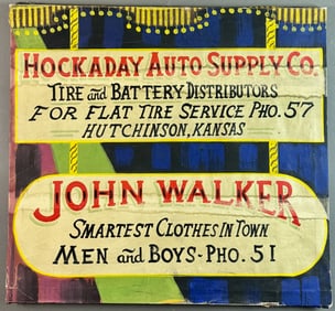 Oil on Canvas 1930s Advertising Sign for 2 Businesses