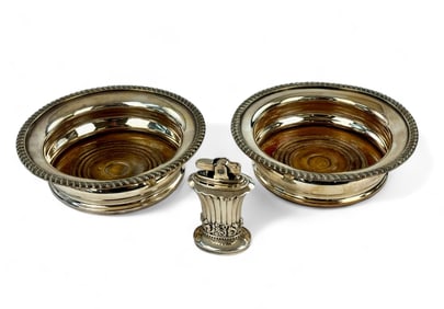 Pair of English Wine Coasters and Ronson Lighter