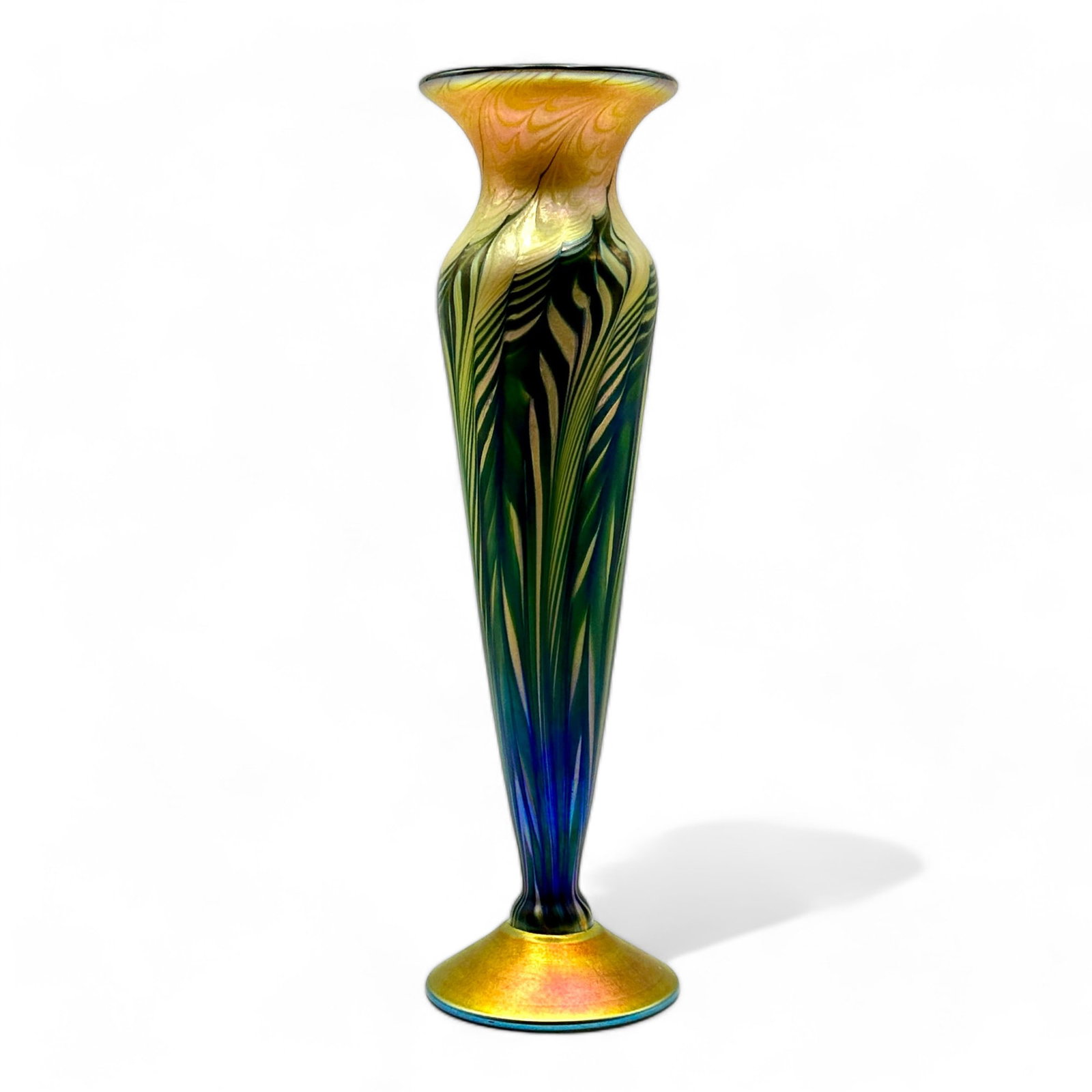 Lundberg Studios Moire Fern Bud Vase: Art glass vase with pulled design. 2008. Numbered 111519. Etched identification to the underside. 13" ht.