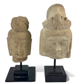 Pair of Chinese Stone Carved Buddha Busts, On Stands
