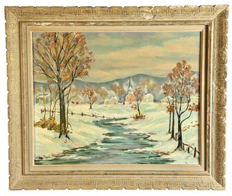 American WInter Village Scene, Oil on Board