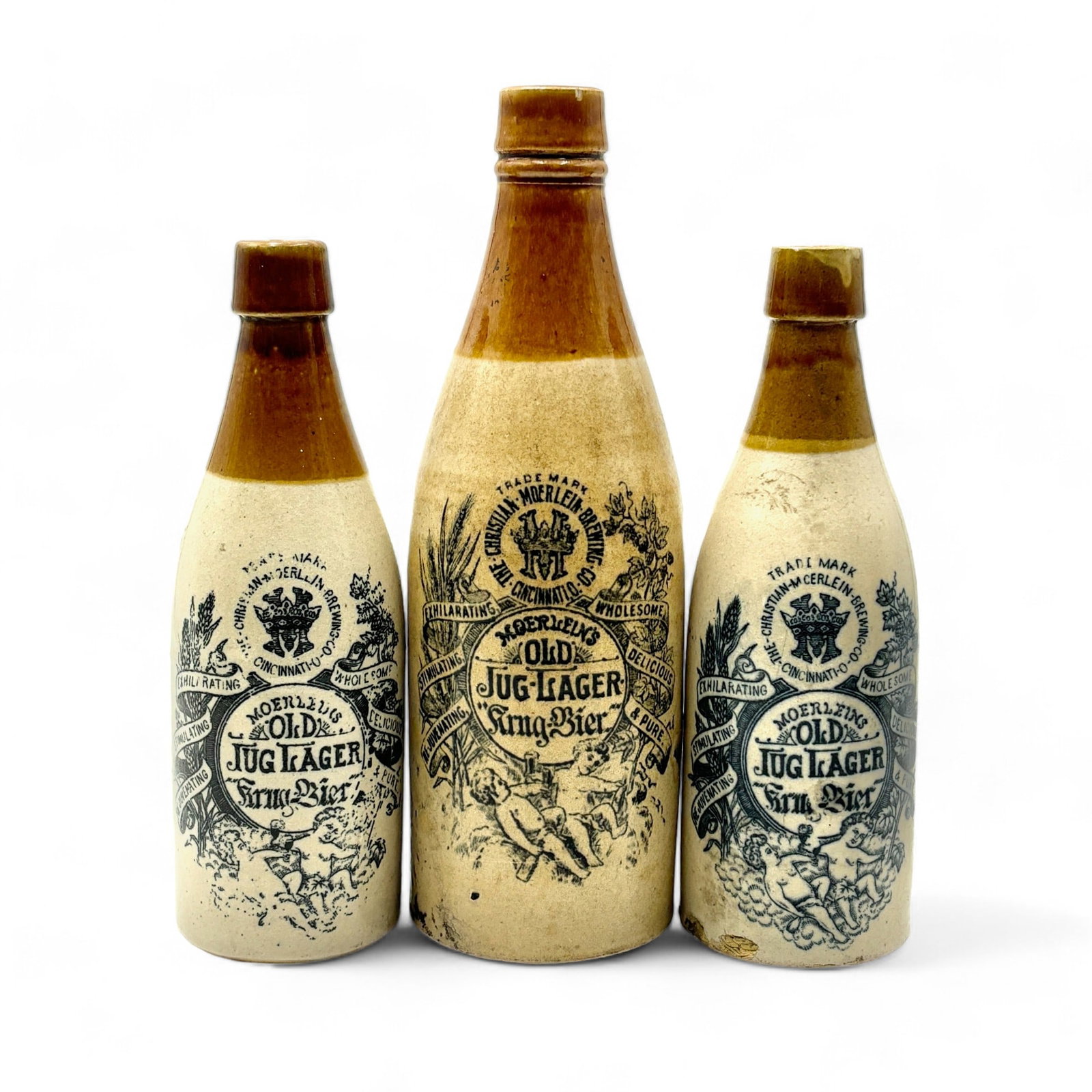 Trio of Christian Moerlein Ginger Beer Jars: Tallest height: 10.5"