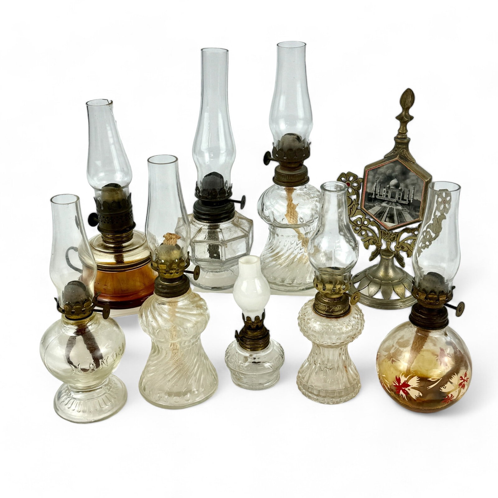 Group of Early Miniature Kerosene Lamps: Many with glass tops intact