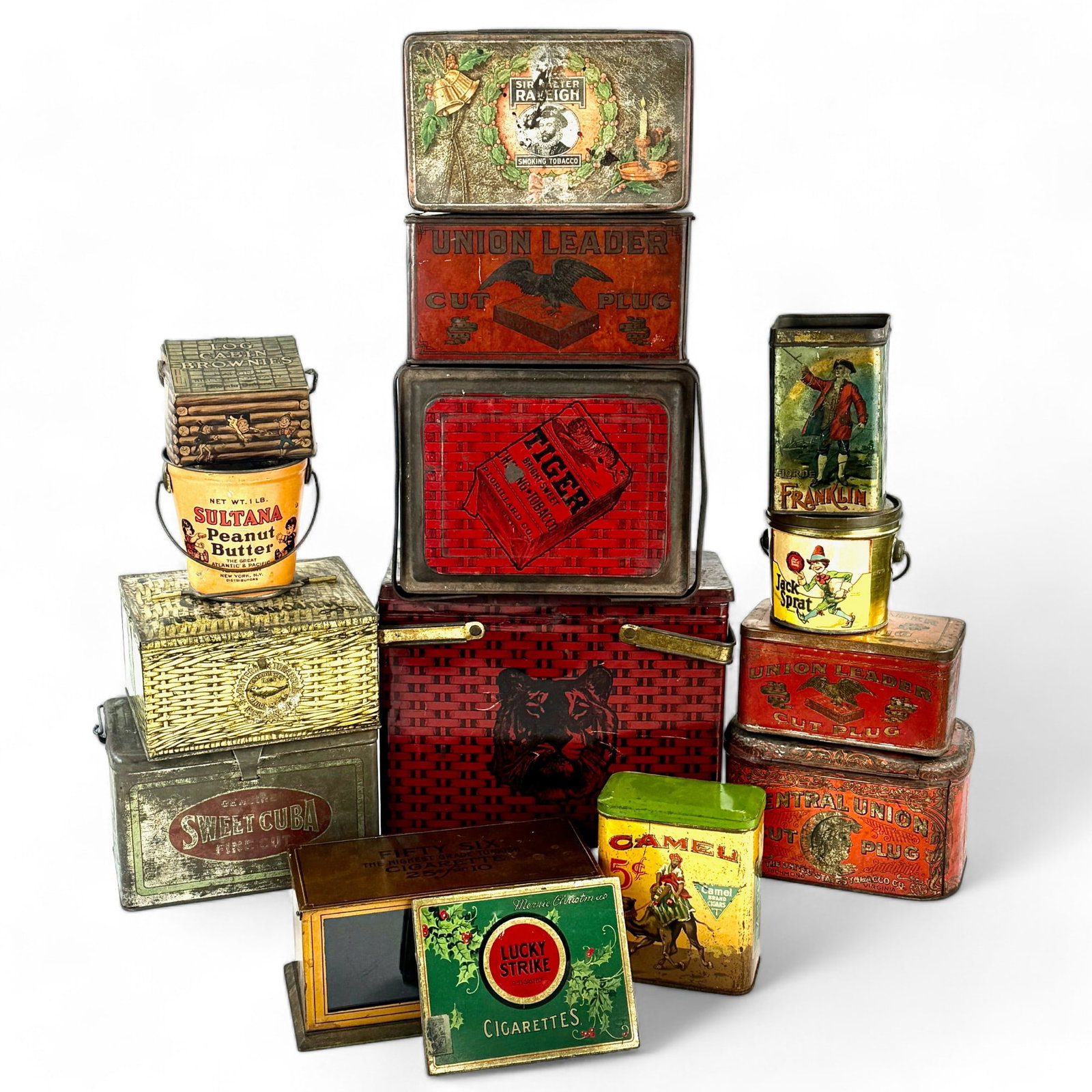 Collection of Tobacco Related Tins: 11 in total. Highlights include Sweet Cuba, Central Union, Tiger and others.