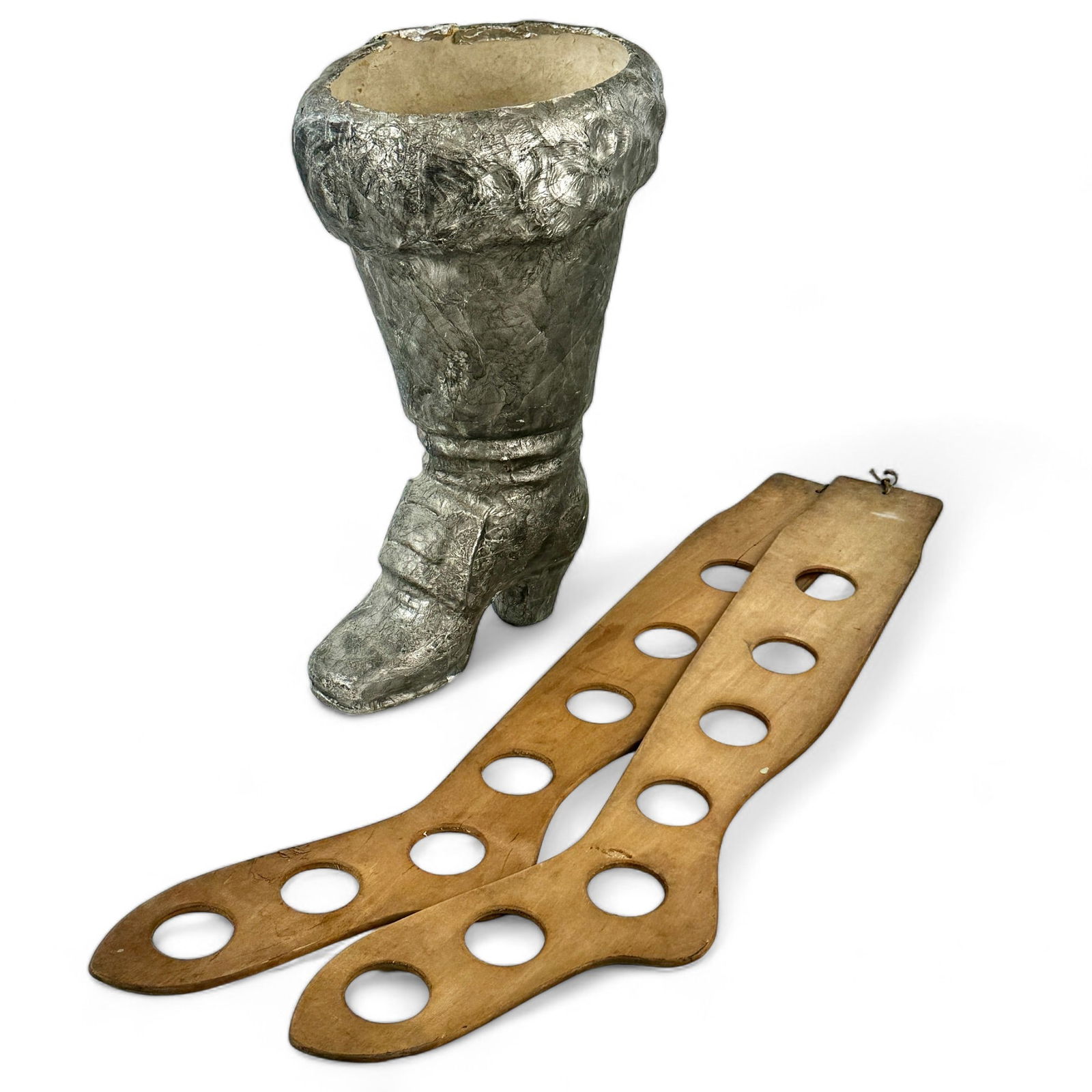 Antique Boot Grouping: Including two hanging wooden boot displays and one papier mache boot, likely used as adervtising for a store