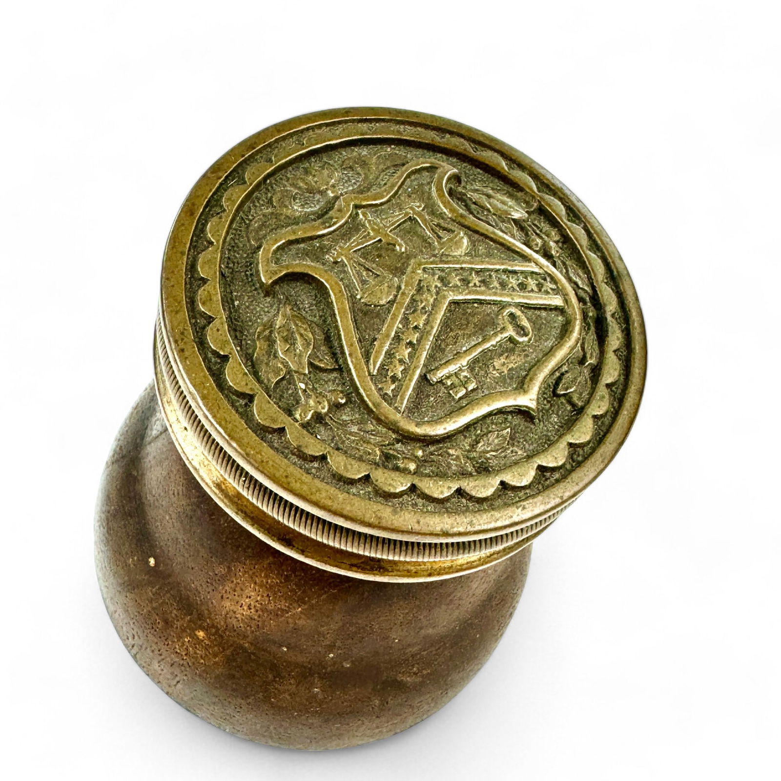 Cincinnati's Original Post Office Doorknob: Brass and wood door handle. Brass handle stamped with shield and key