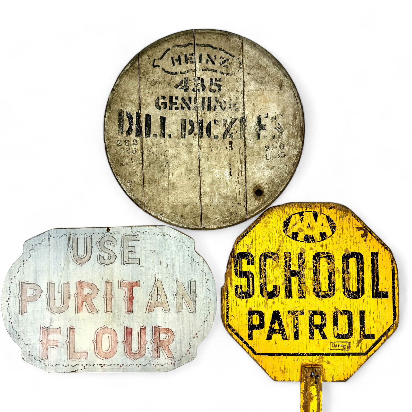 Three Antique Wooden Signs: One cask lid advertising Heinz Dill Pickles, one wooden sign emblazoned "Use Puritan Flour" and one School Patrol sign in old yellow paint
