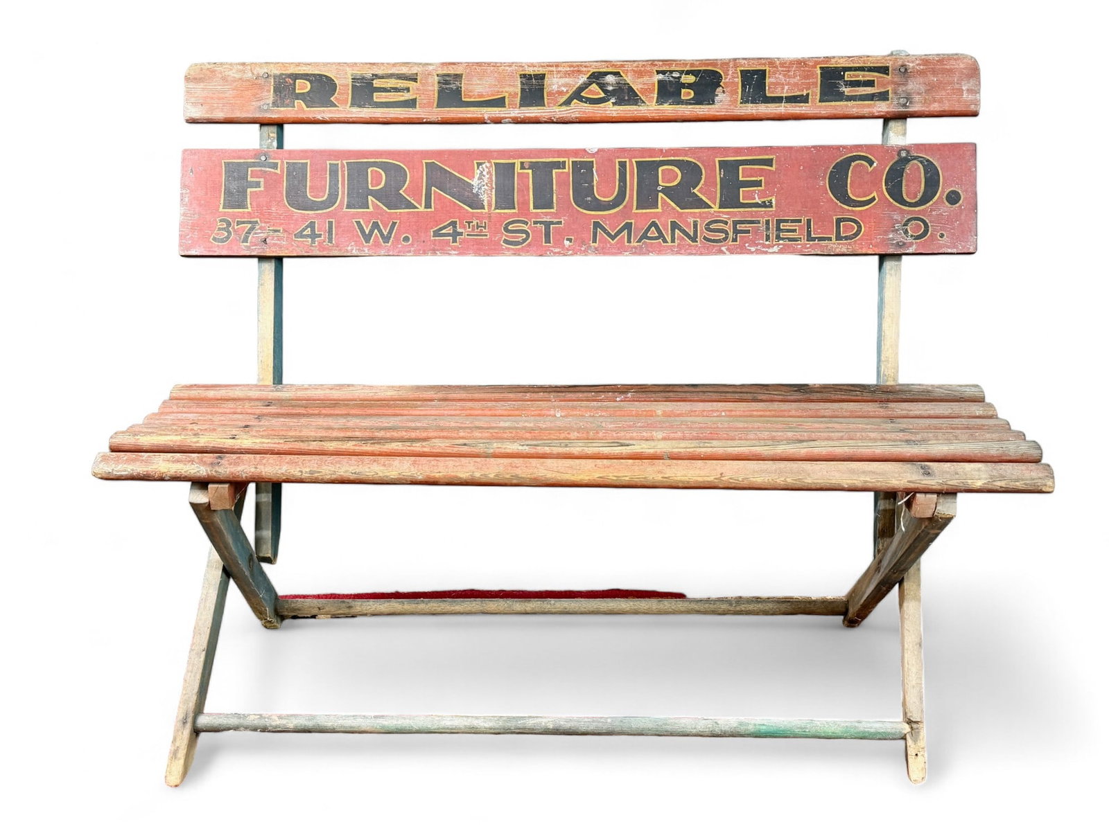 Reliable Furniture Advertising Bench: Foldable wooden bench advertising the Reliable Furniture Co., Mansfield, OHio; 41" wd.
