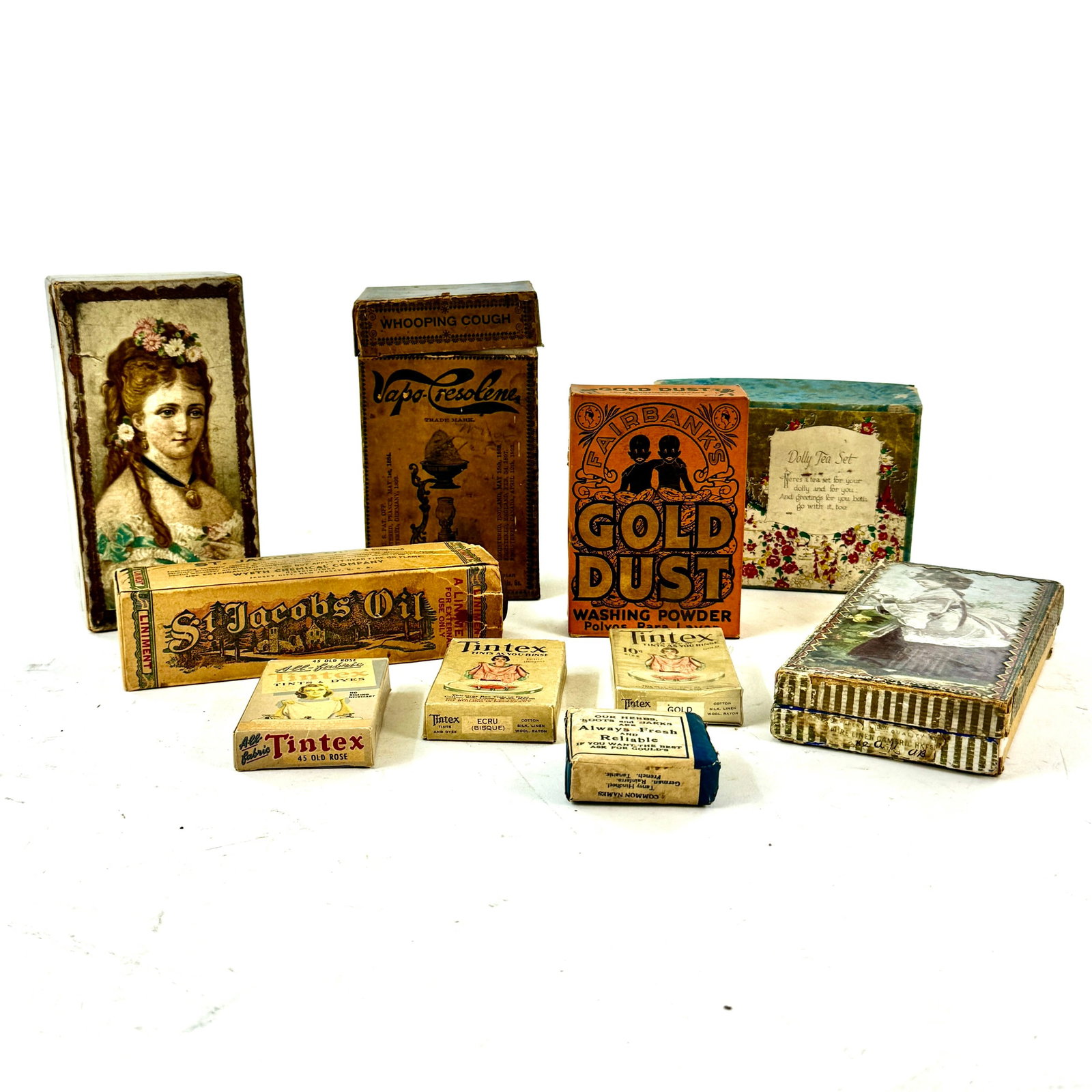 Group of Collectibles and Paper Advertising: Including a Dolly's Tea Set, Fairbanks Gold Dust Washing Powder, Vapo-Resolene Whooping Cough and others