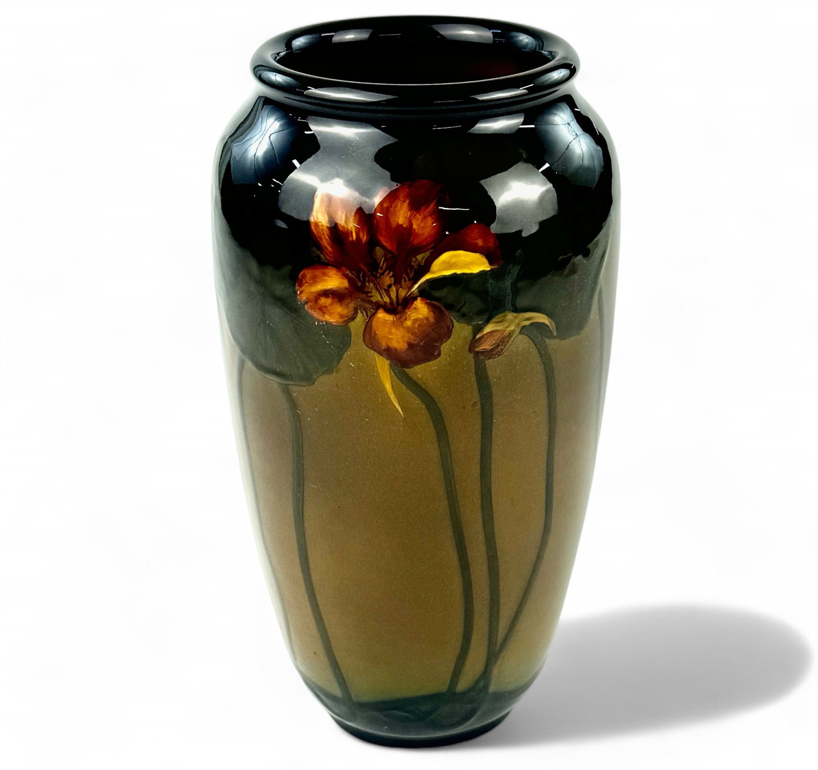 Rookwood Pottery: Mary Nourse Vase: Rookwood Pottery, Cincinnati, OH. A standard glaze vase deocrated by Mary Nourse, impressed mark and initials to underside, Form 892B. 1902. Ht. 10.25".