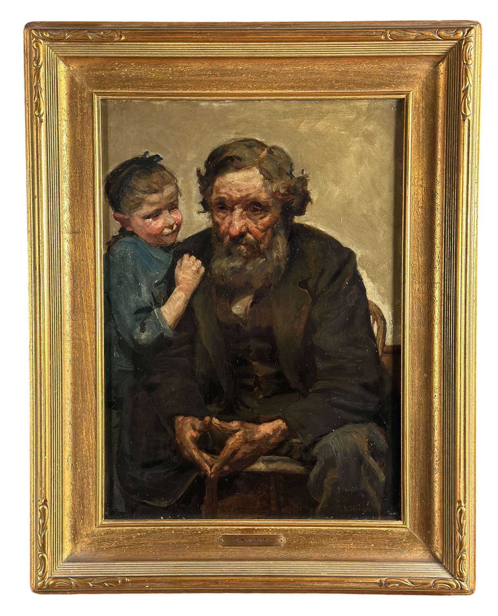 Elizabeth Nourse (American/Cincinnati, 1859-1938): Old Man and Child?Oil on canvassigned l.r., and with numerous labels to verso. 22" x 15.75" (sight)29.5" x 23.25" (framed). EXHIBITED