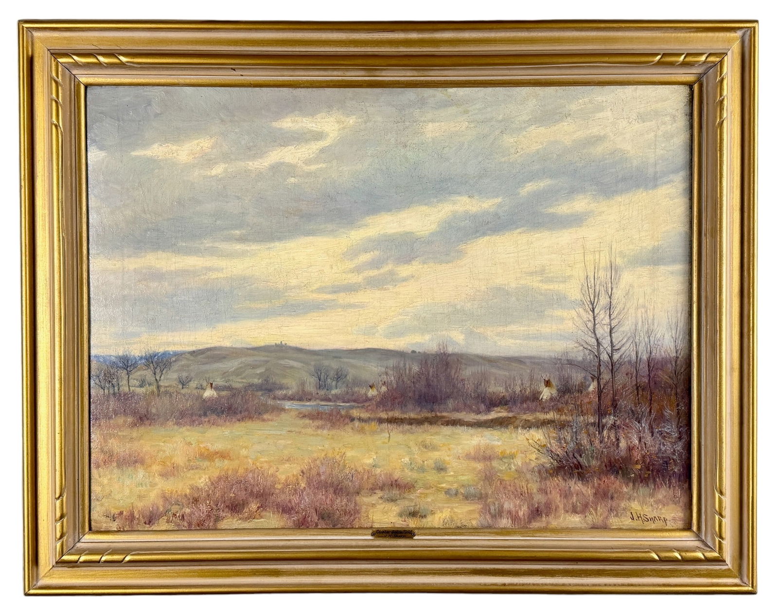"Custer's Battlefield" by Joseph Henry Sharp: Custer's BattlefieldOil on canvasSigned l.r. With plaque bearing title Numerous articles and labels on verso, including a Taft Museum, Cincinnati, OH acquisition label, a dealer's sticker from Jean Bo