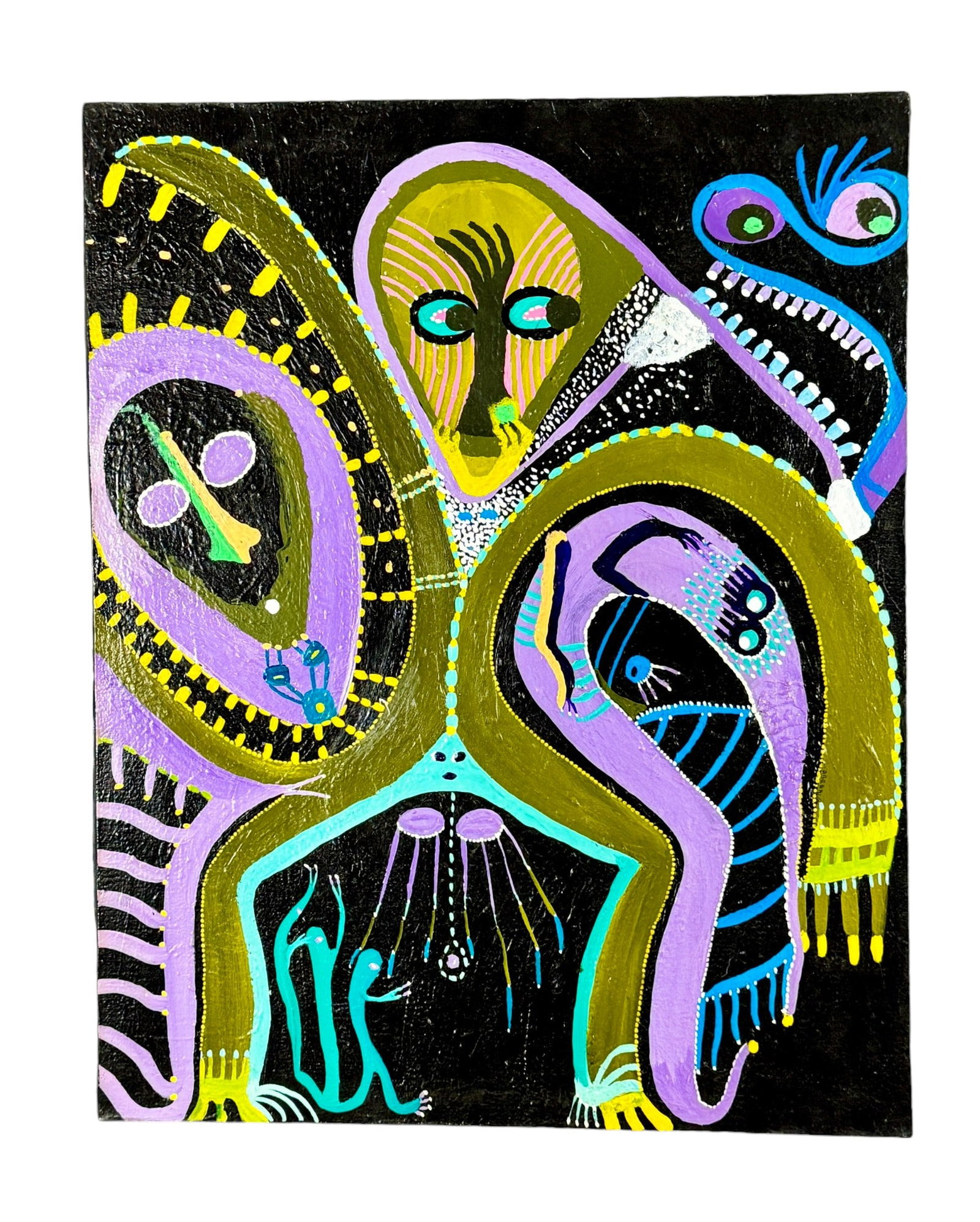 Louise Abrams Folk Art Painting: Acrylic on canvas. 30" ht. x 24" wd.