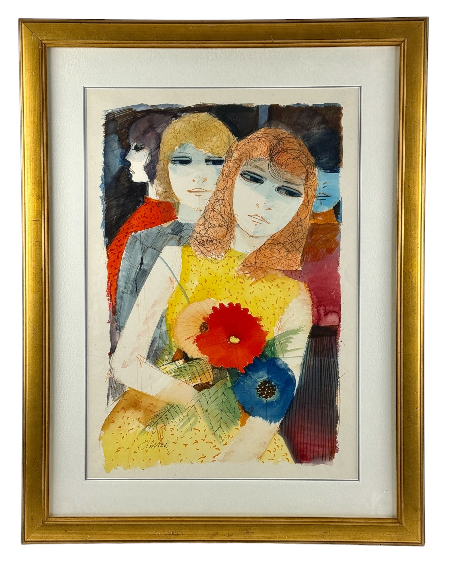 Charles Levier (France, 1920-2003), Watercolor: "The Ladies of France." Watercolor on paper. Signed lower left. 25.5" x 17.5" (sight); 34" x 26" (frame).