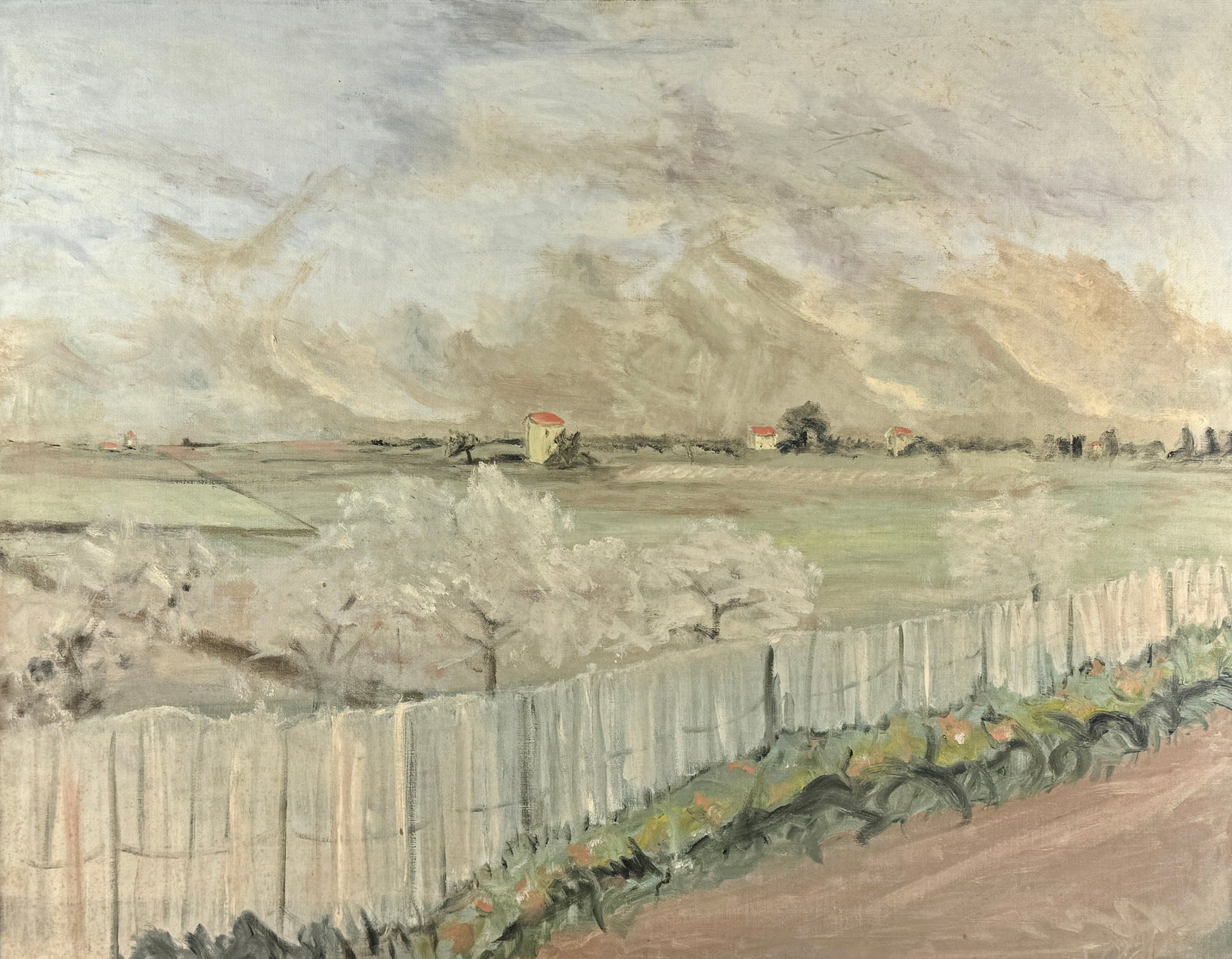 Large Impressionist Oil on Canvas Landscape: Impressive farm scene, with white picket fence in foreground. Likely Kentucky. Signed "Todle" to lower right. 38" x 49" (sight).