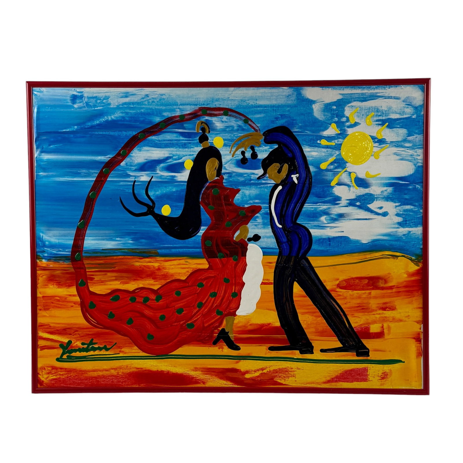 Acrylic on Poster Board Modernist Painting: Signed indistinctly to the lower left, depicting two dancing figures. Framed size: 18" ht. x 23" wd.