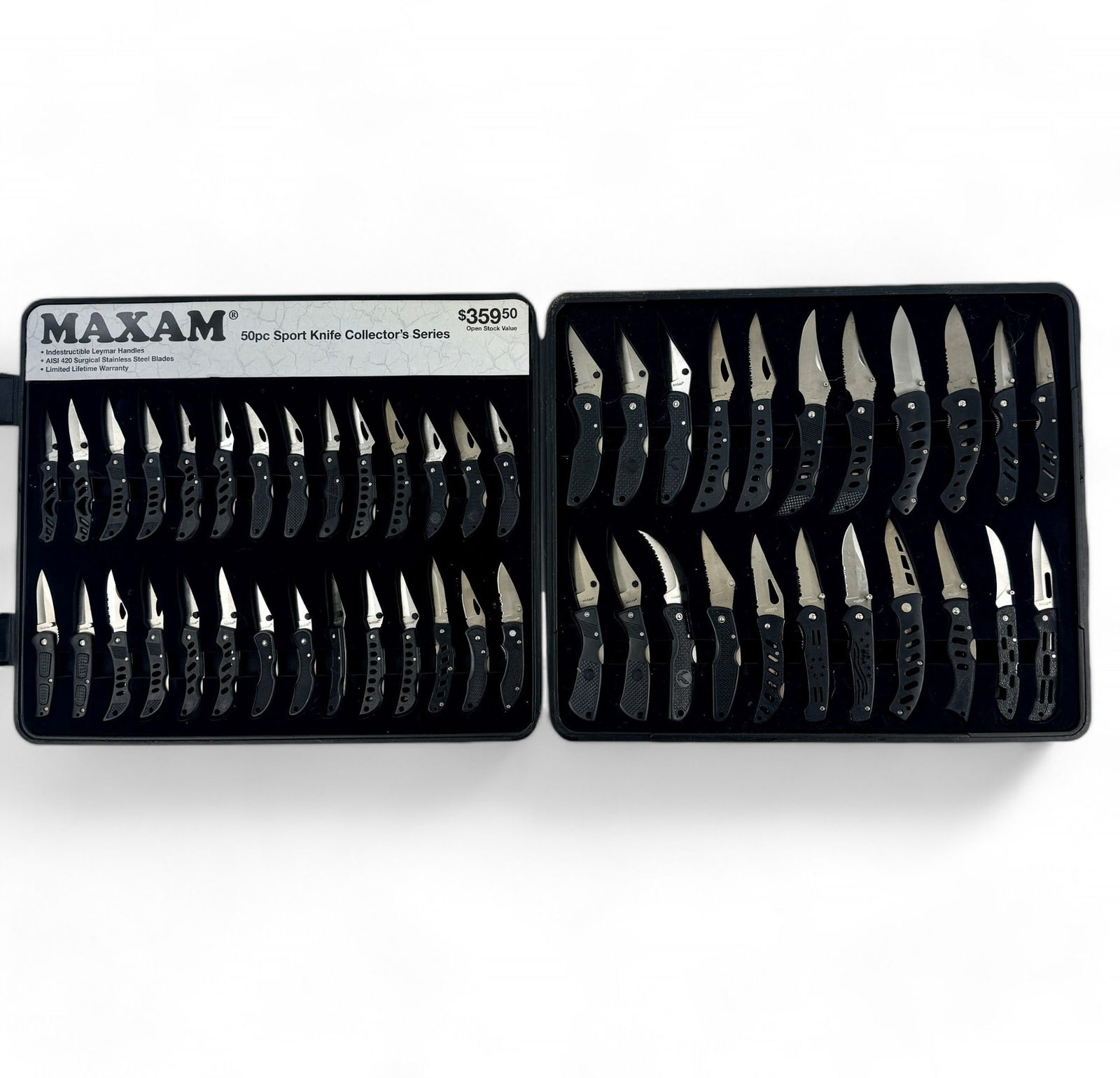 Maxam 50pc. Sport Knife Set in Box: A boxed set of 50 Maxam sport knives, with cardboard surface a little worn, otherwise entirely complete. Box measures 15" x 18".