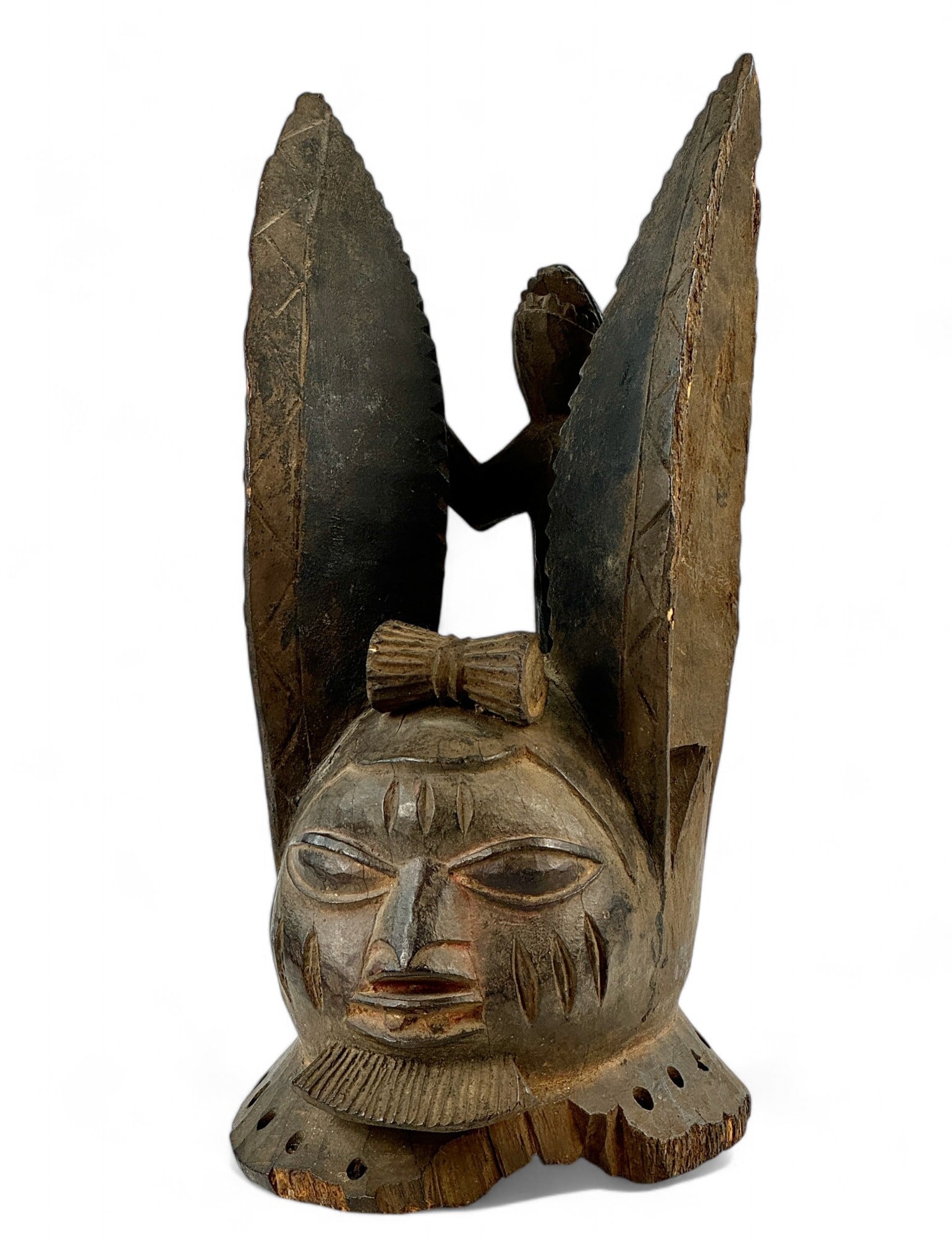 Yoruba Geleda Mask: With large winged ears and serpentine figure to back. 14" ht.
