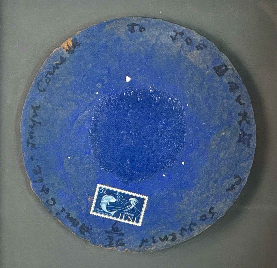 Joseph Cornell (American, 1903-1972): Mixed media double-sided painting with collage component. A circular construction on board featuring two paintings, one on either side, and signed by Joseph Cornell and dated to the bottom beneath sta