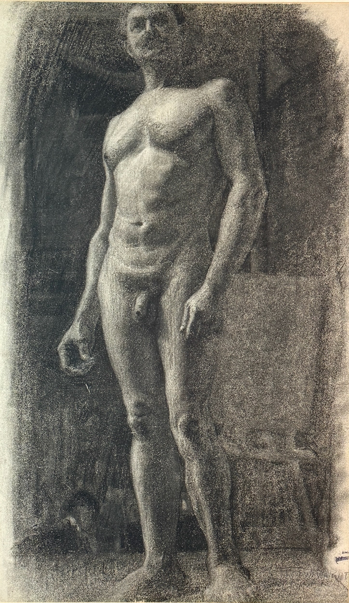 Charcoal Study of a Nude: 20th century, a charcoal study of a nude, with some inscription in l.r. 24" x 14" (sight), 30" x 20.5" (framed). Signed LR "For__(heart)Right"(*?)