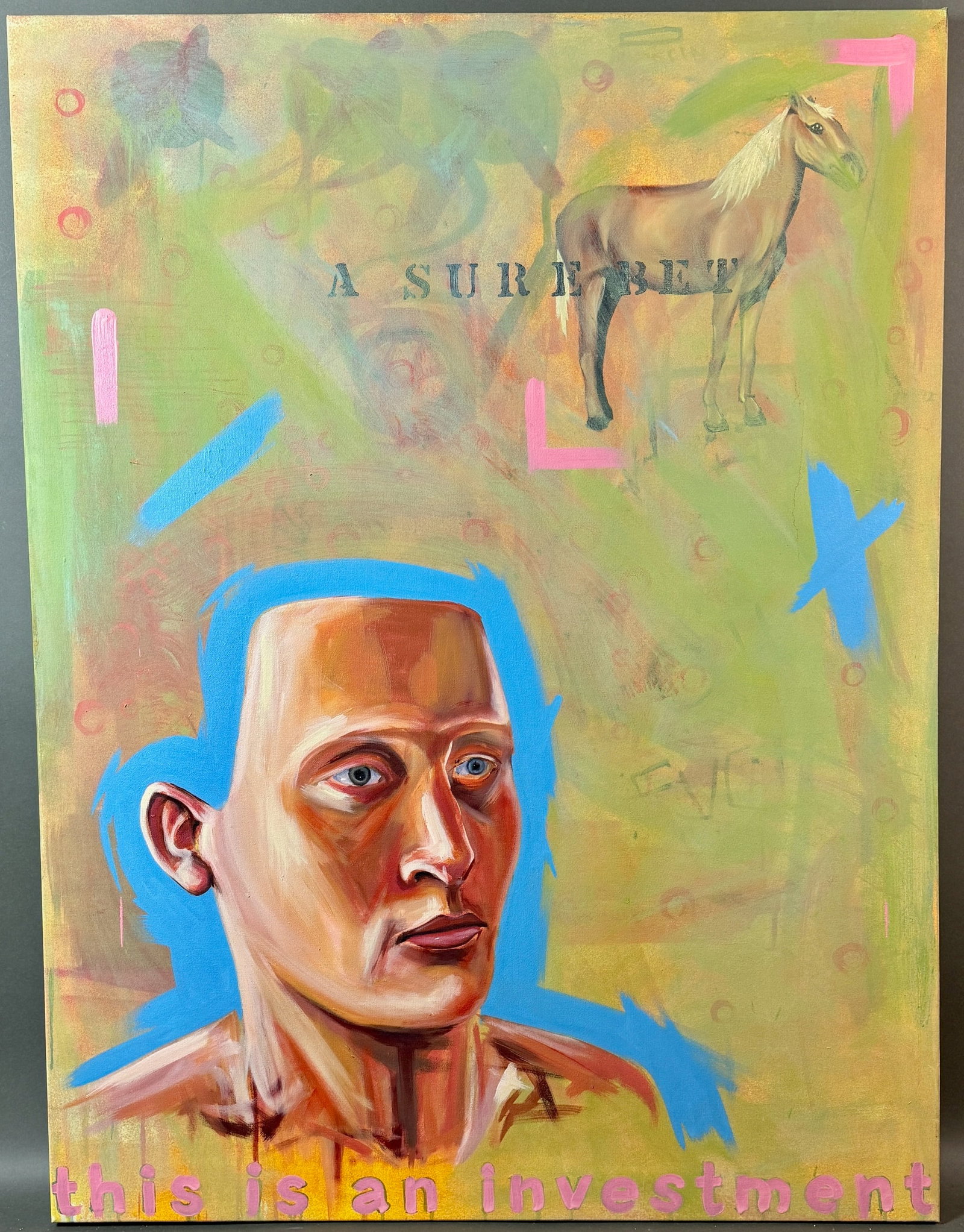 Large Oils by Isaac Wasuck, "Investment", "Future": Isaac Wasuck (American/Vermont, 20th/21st Century). A pair of large oil on canvas works, each unframed and similar in subject matter, each signed and titled to verso, and each 56" x 43".