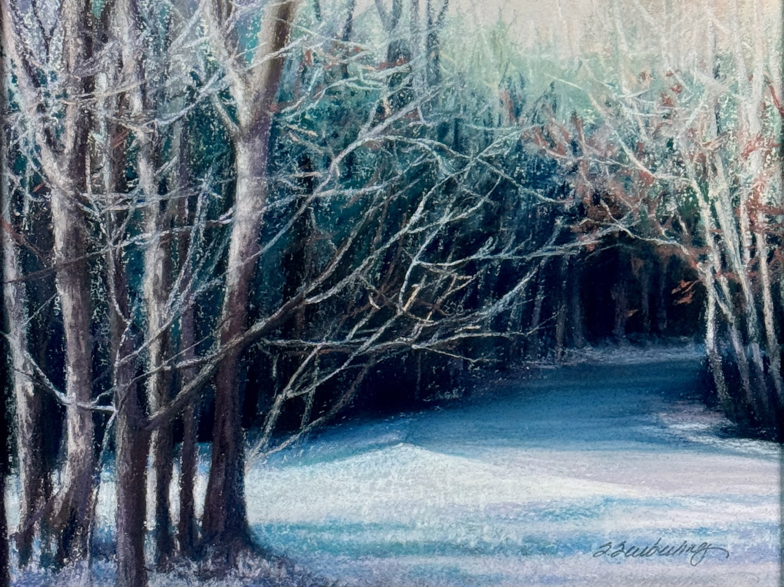 Pastel Landscape by Stacey Seuberling: Stacy Seuberling (American/Cincinnati, 20/21st Century). Pastel on paper, signed l.r. and titled "Frosting on the Road Less Traveled". 9" x 11.5" (sight), 17" x 21" (framed).