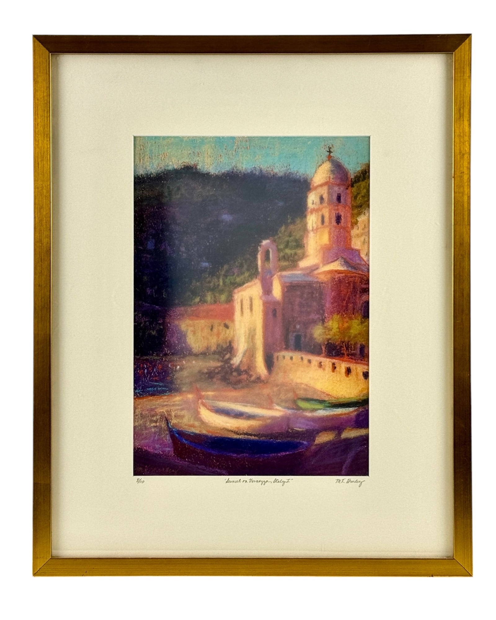 "Sunset on Vernazza, Italy" by M. Katherine Hurley: M. Katherine Hurley (American/Cincinnati, 20/21st Century). Pastel on paper, with title and signature in mat. 13.5" x 9.5" (sight), 21.5" x 17" (framed).