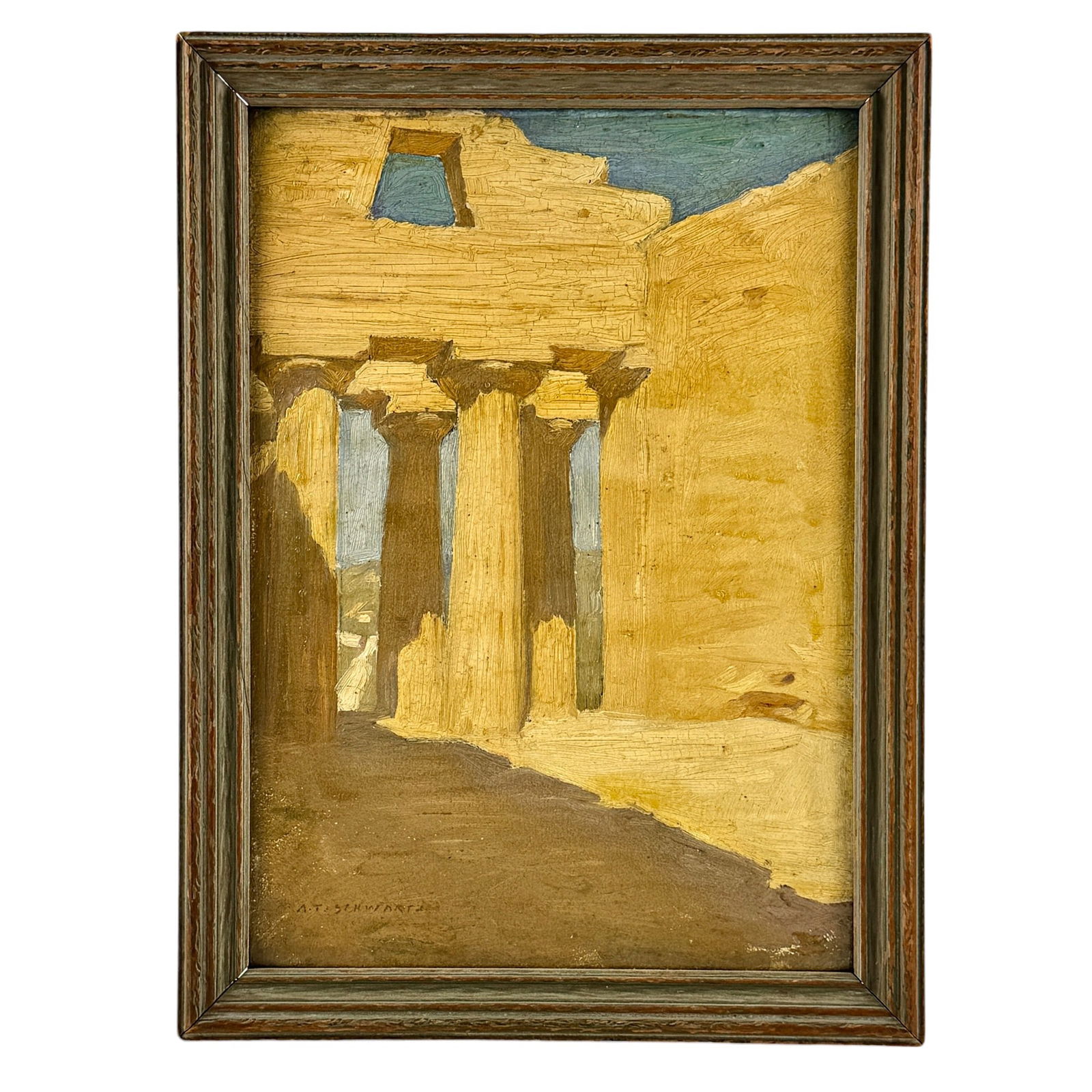 Ancient Ruins Oil by Andrew Schwartz: Andrew Thomas Schwartz (American/Kentucky, 1867-1942). Oil on board, signed l.l., perhaps Greece, Italy or North Africa, depicting a bright day amidst ancient ruins. 13" x 9" (sight), 15" x 11" (frame