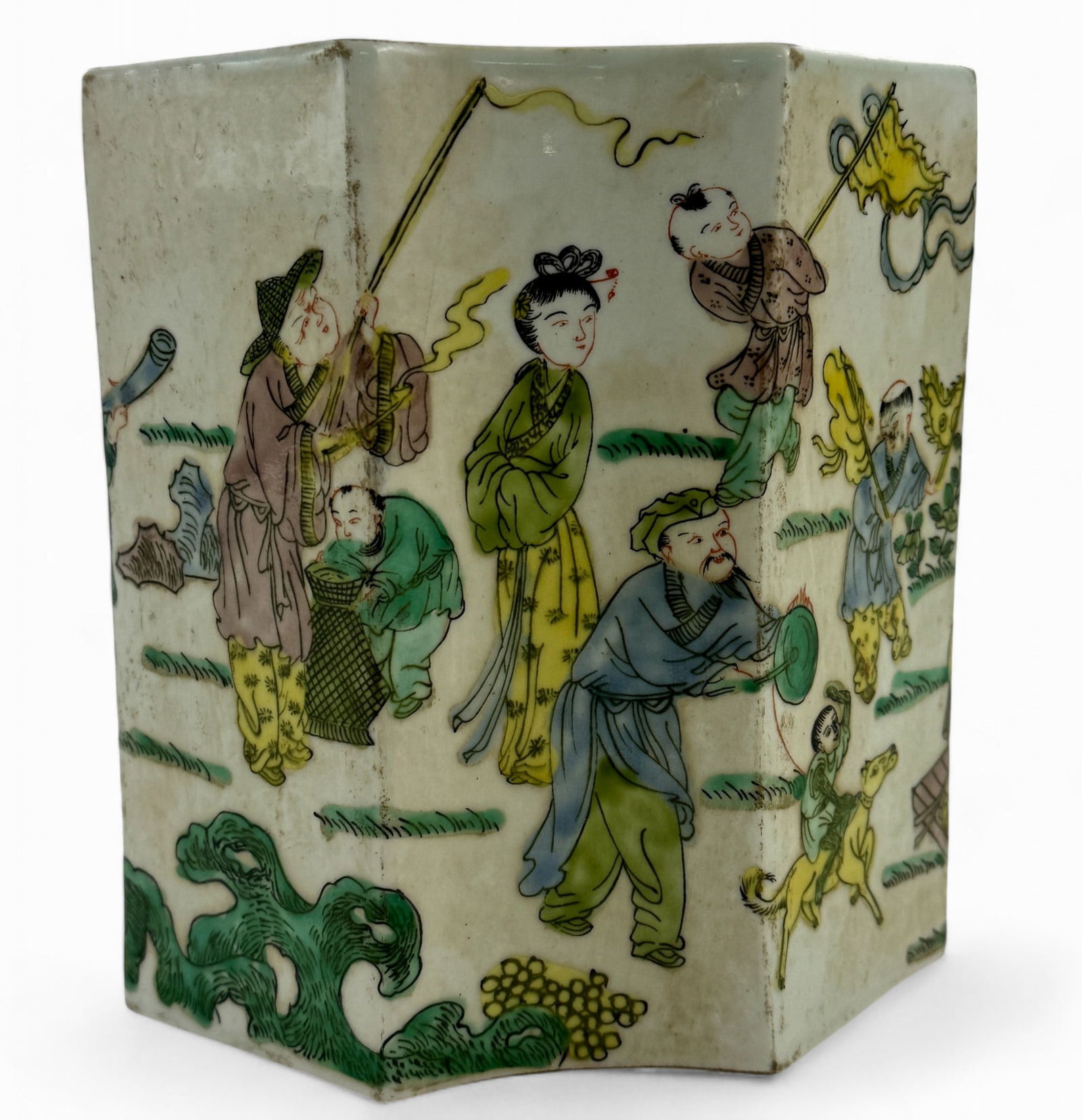 Guangxu Marked Famille Verte Planter: Chinese, mid-20th century or earlier. A planter in hexagonal form, with decoration throughout body, Guangxu mark to underside. Ht. 6.25".