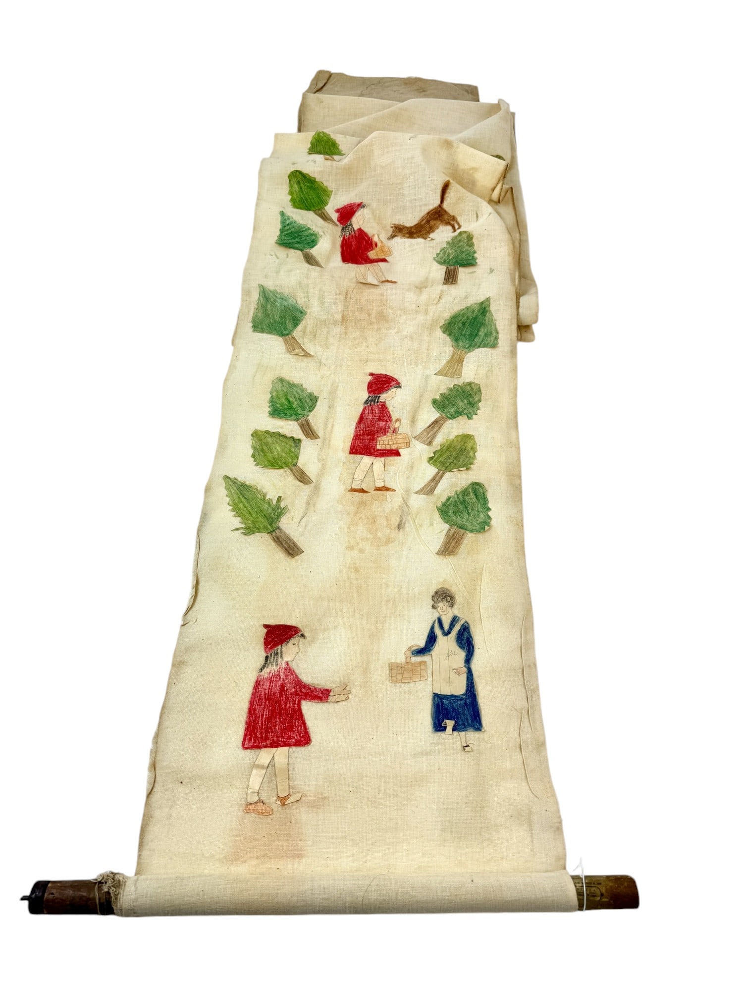 Early Folk Art Little Red Riding Hood Story: A scrolled child's story depicting little red riding hood. Components are colored with crayon and tacked to the linen which is rolled on a wooden dowel. Size is 12 feet long when it is rolled out.