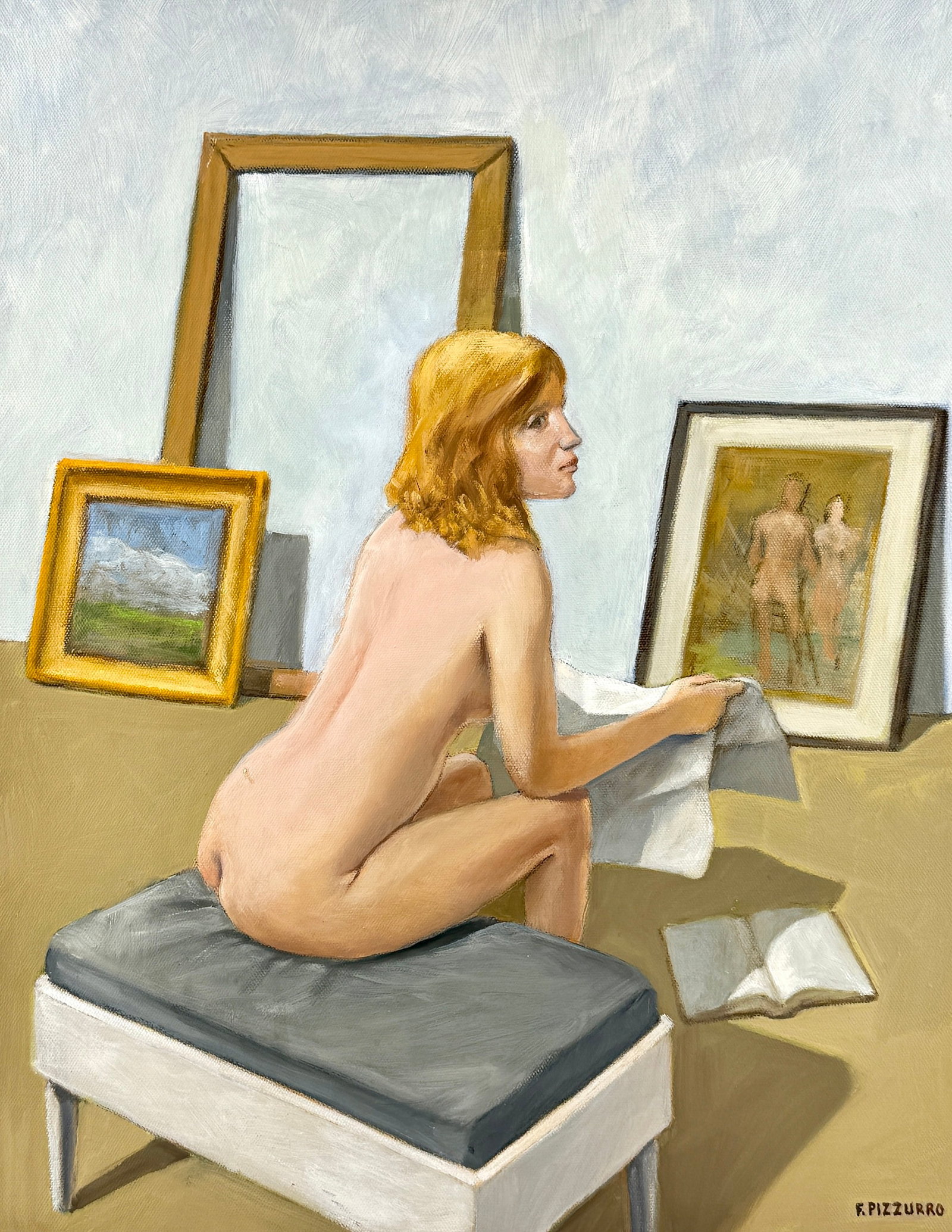 Nude Model in Studio by F. Pizzurro: F. Pizzurro (20th century). Oil on canvas, signed l.r., and depicting a nude model in a studio, with works and frames in the background. Unframed. 20" x 16".