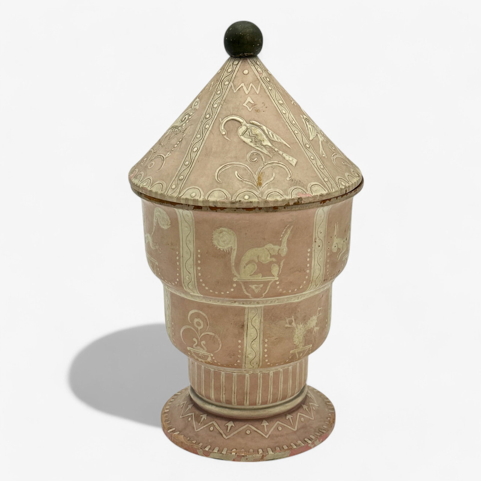 Painted Wooden Urn, 19th Century: 19th century, a well carved wood urn, with painted surface including some relief. 2 early dealer tags to underside. Likely Continental. Ht. 9".