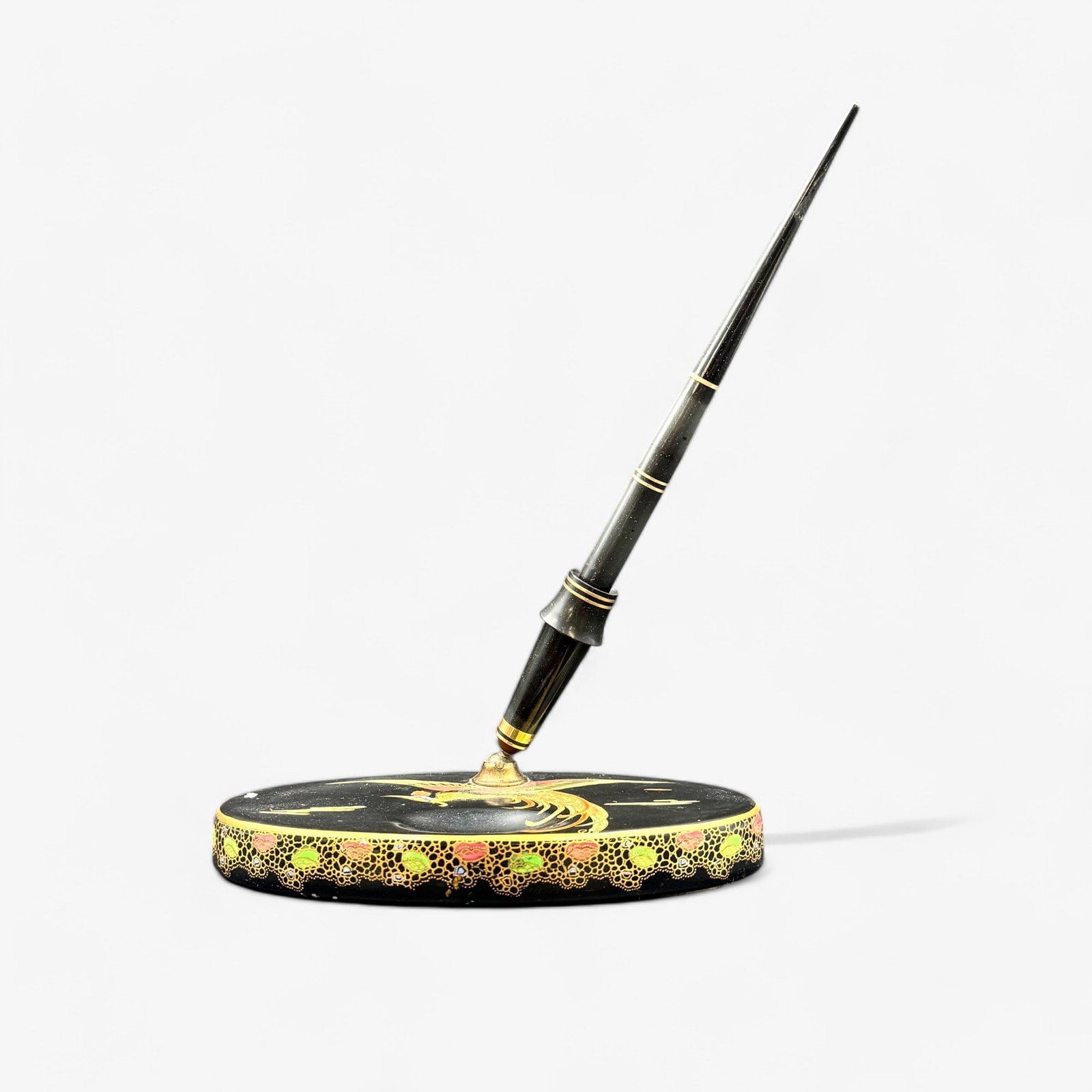 Peacock Painted Pen and Inkwell: With hand painted decoration to the stand