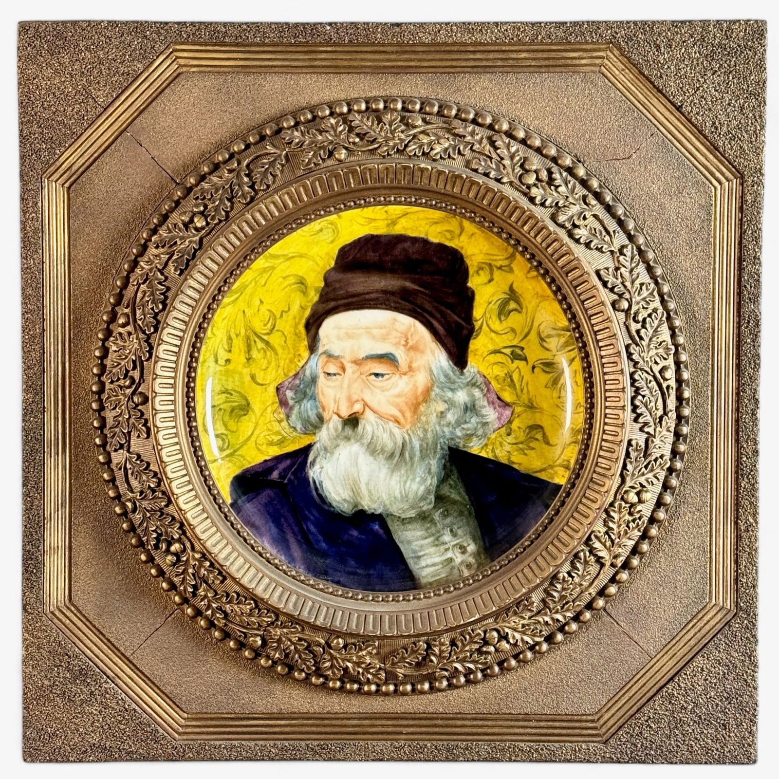 Artist Signed Charger for Theodore Deck: A porcelain charger housed in frame, marked to verso "Th. Deck", Theodore Deck (1823-1891), the charger also signed what appears to be "F. Ch-Mette" l.r. Charger diameter 11", 22" x 22" (framed).