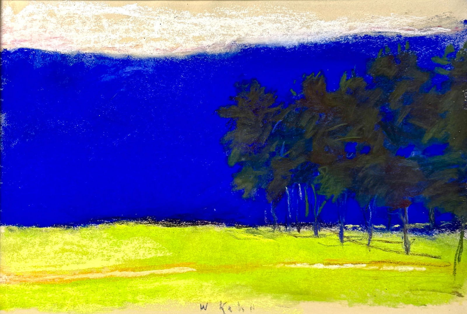 Wolf Kahn, Pastel Landscape with Trees: Signed to the lower center by Kahn, dated 1997 and titled "Coming in from the right". Sight size: 12" ht. x 17.25" wd., framed size: 23" ht. x 28.5" wd.