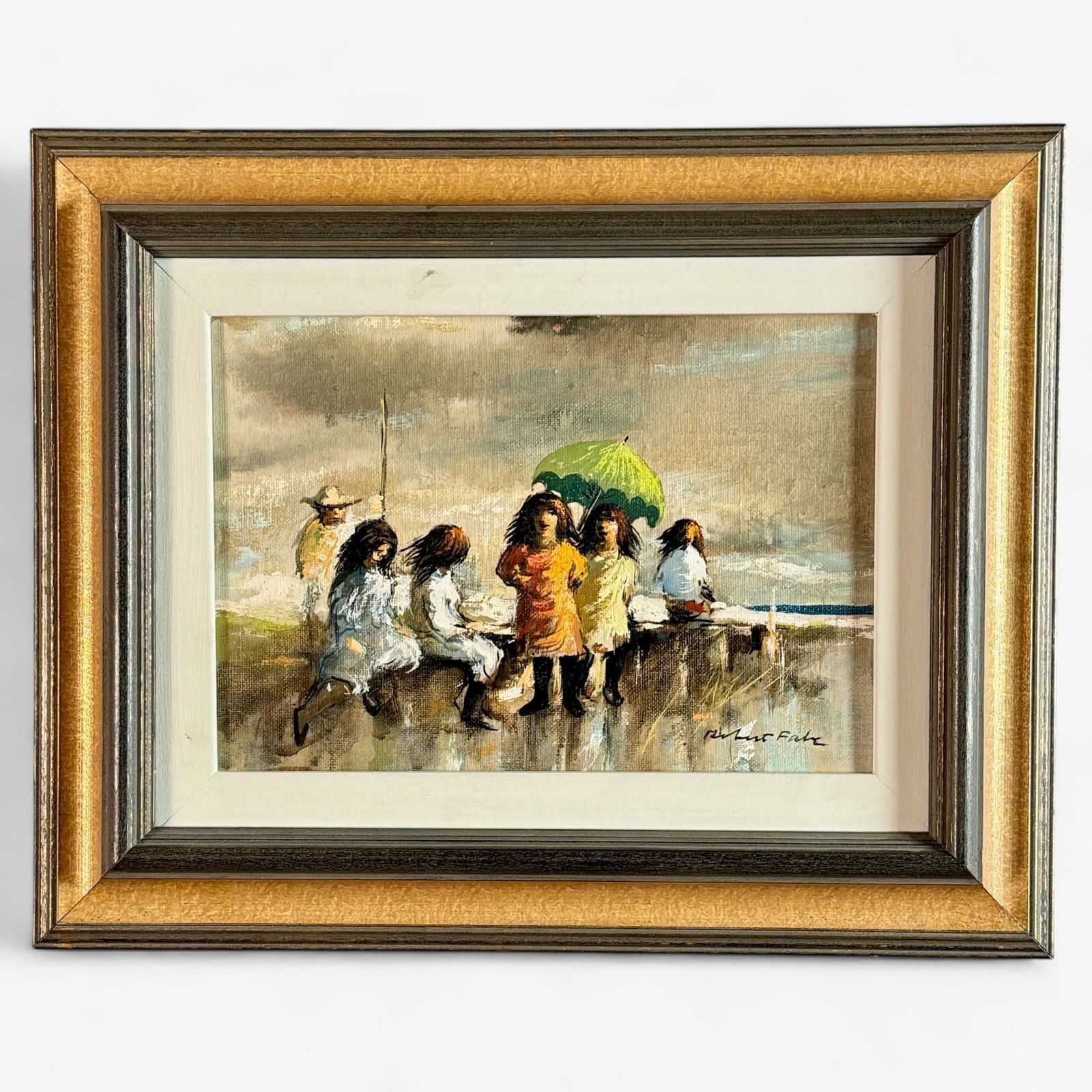 Robert Fabe Oil on Board: Signed to the lower right, depicting a beach scene during windy weather. Sight size: 6.5" ht. x 9.5" wd., framed size: 12" ht. x 13" wd.