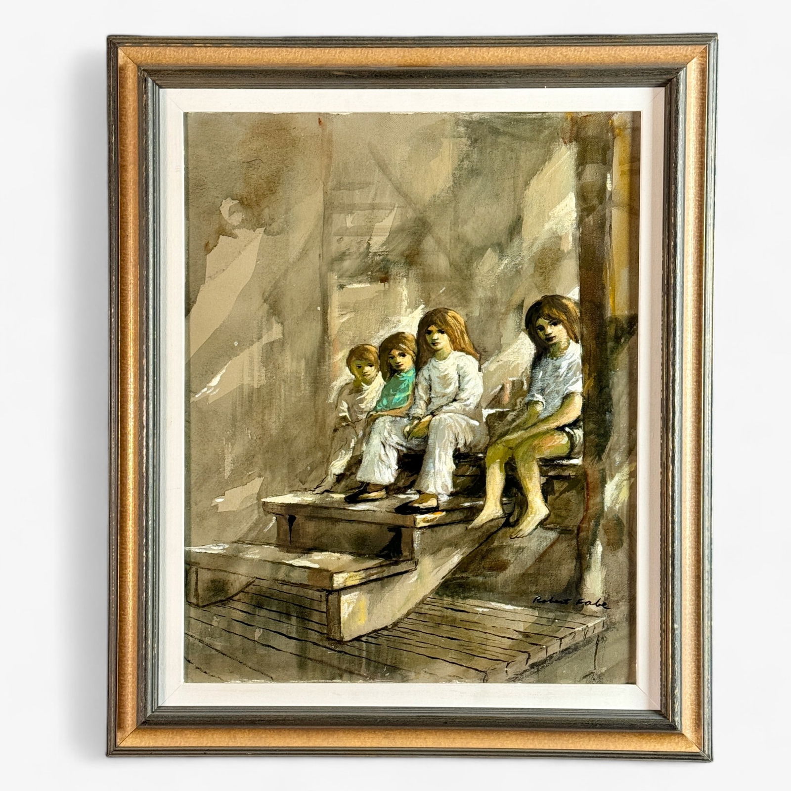 Robert Fabe Oil on Canvas: Signed to the lower right and housed in a simple frame. Depicting children on a stairwell. Sight size: 20" ht. x 15.5" wd., framed size: 25.5" ht. x 21" wd.