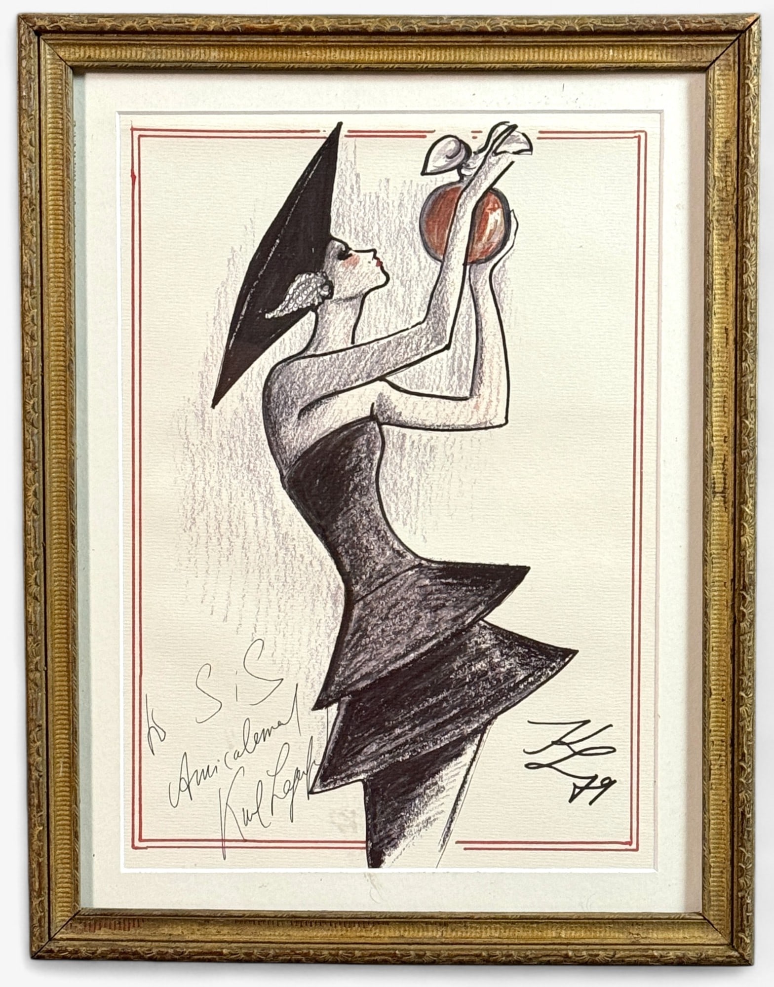 Karl Lagerfeld Dedicated Lithograoph: Karl Lagerfeld (1938-2019). Color lithograph on paper, dedicated and signed in l.l. and l.r., respectively. 18" x 13.5" (framed).
