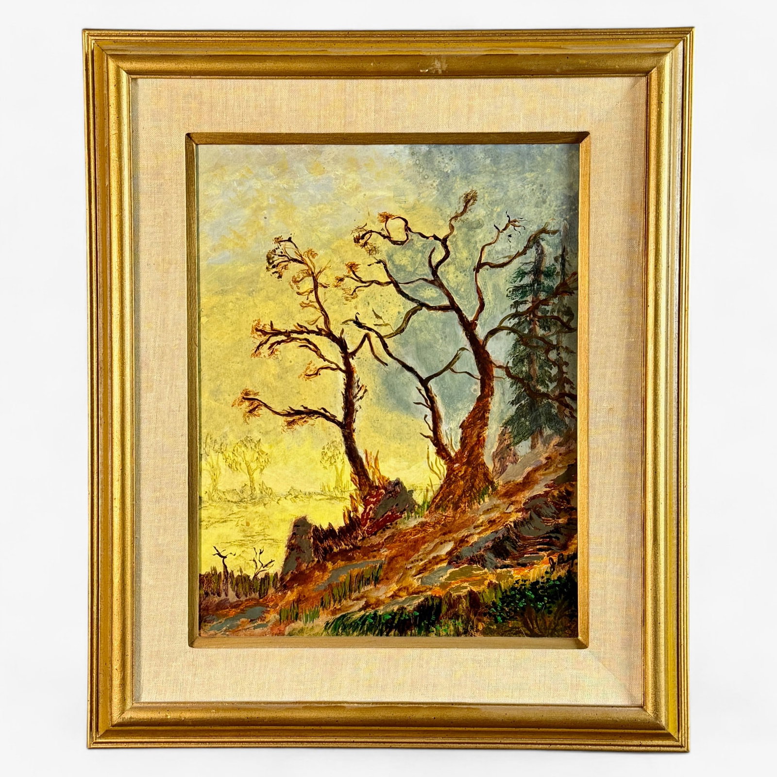 Oil on Board Landscape: 20th century, oil on board, unsigned stark landscape. 25" x 21" (framed).
