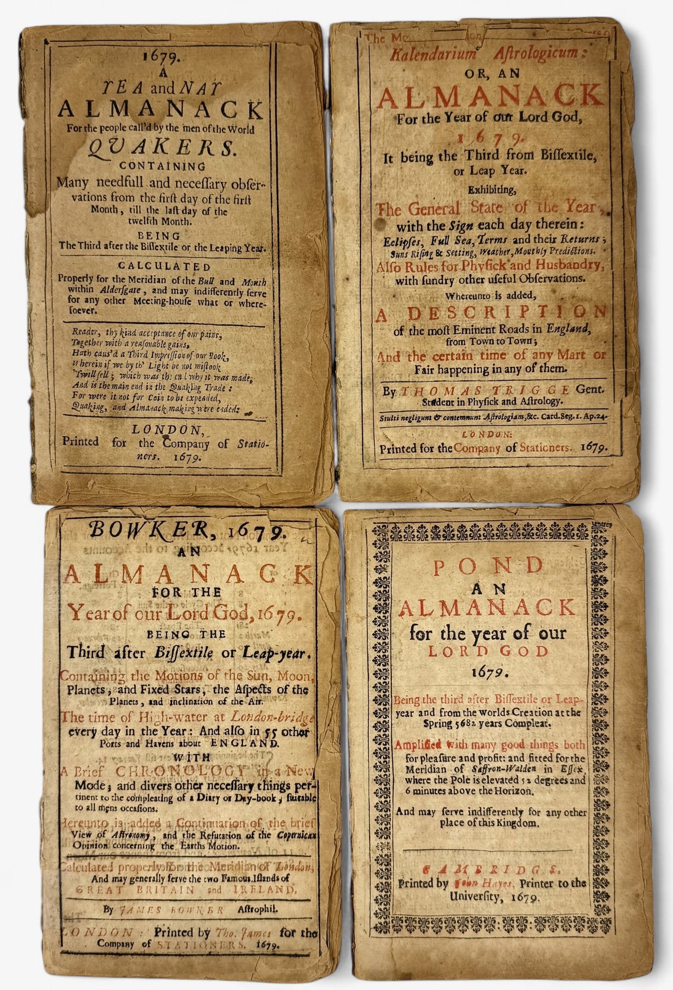 Group of Four 17th Century Almanacks: Authors include Bowker, Pond, Winstanley and Trigge. All dated to 1679