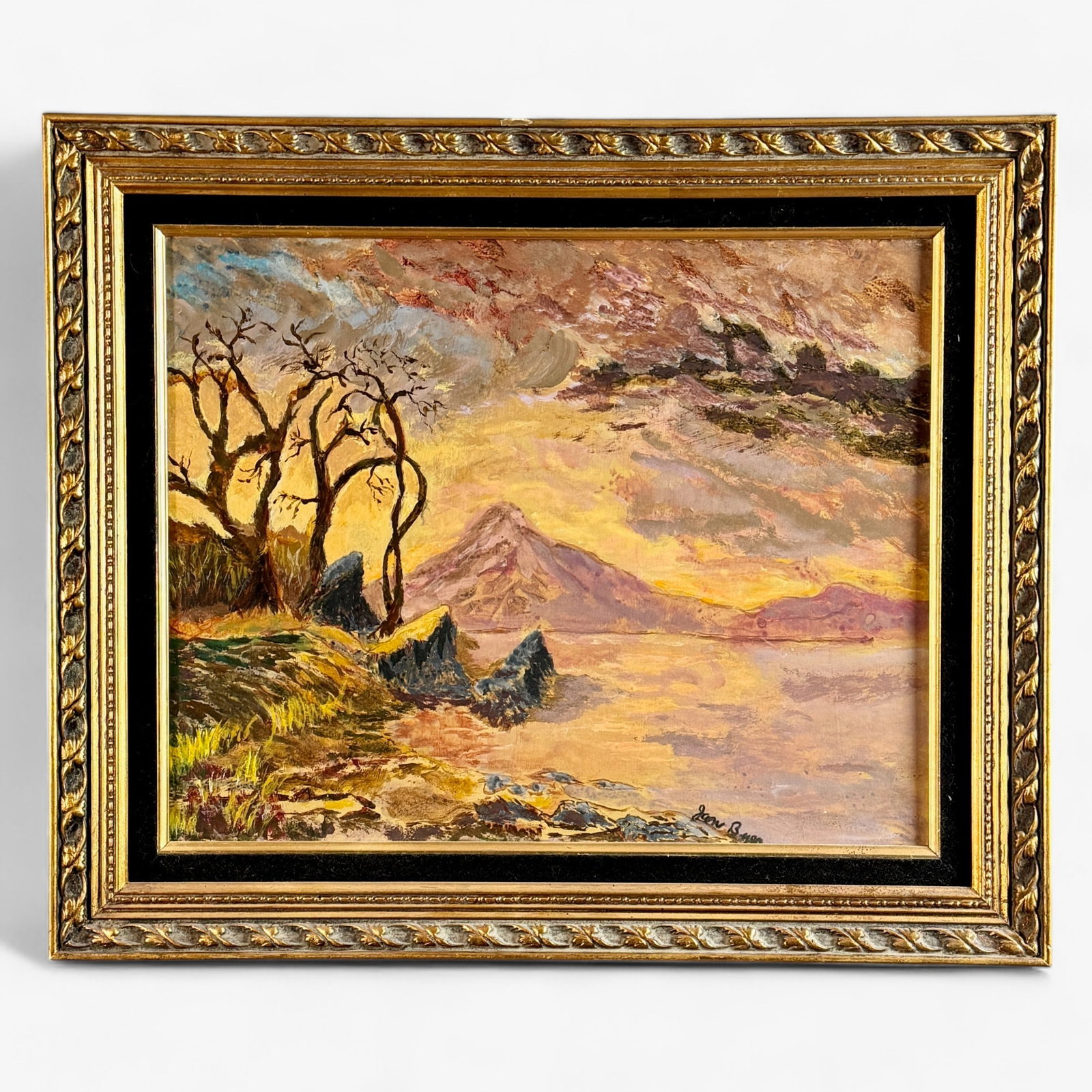 Oil on board landscape by Jane Byer: Depicting a seascape with trees and mountainous background. Sight size:15.5" ht. x 19.5" wd., framed size: 21" ht. x 25" wd.