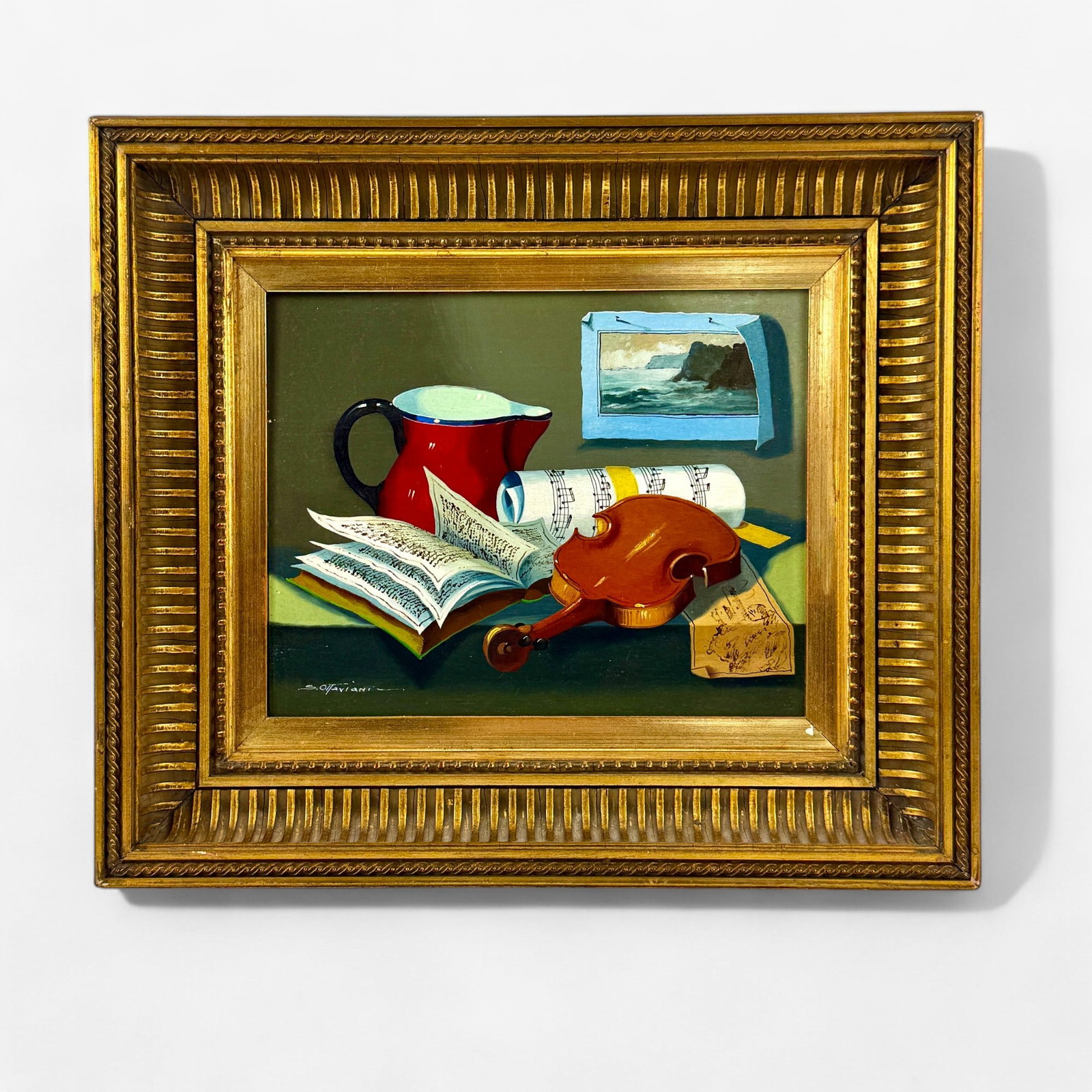 Silvio Ottaviani Still Life: Oil on board, signed to the lower left. Depicting a violin with music sheets and additional items in the tromp l'oeil style. Framed size: 13.5" ht. x 15.5" wd.