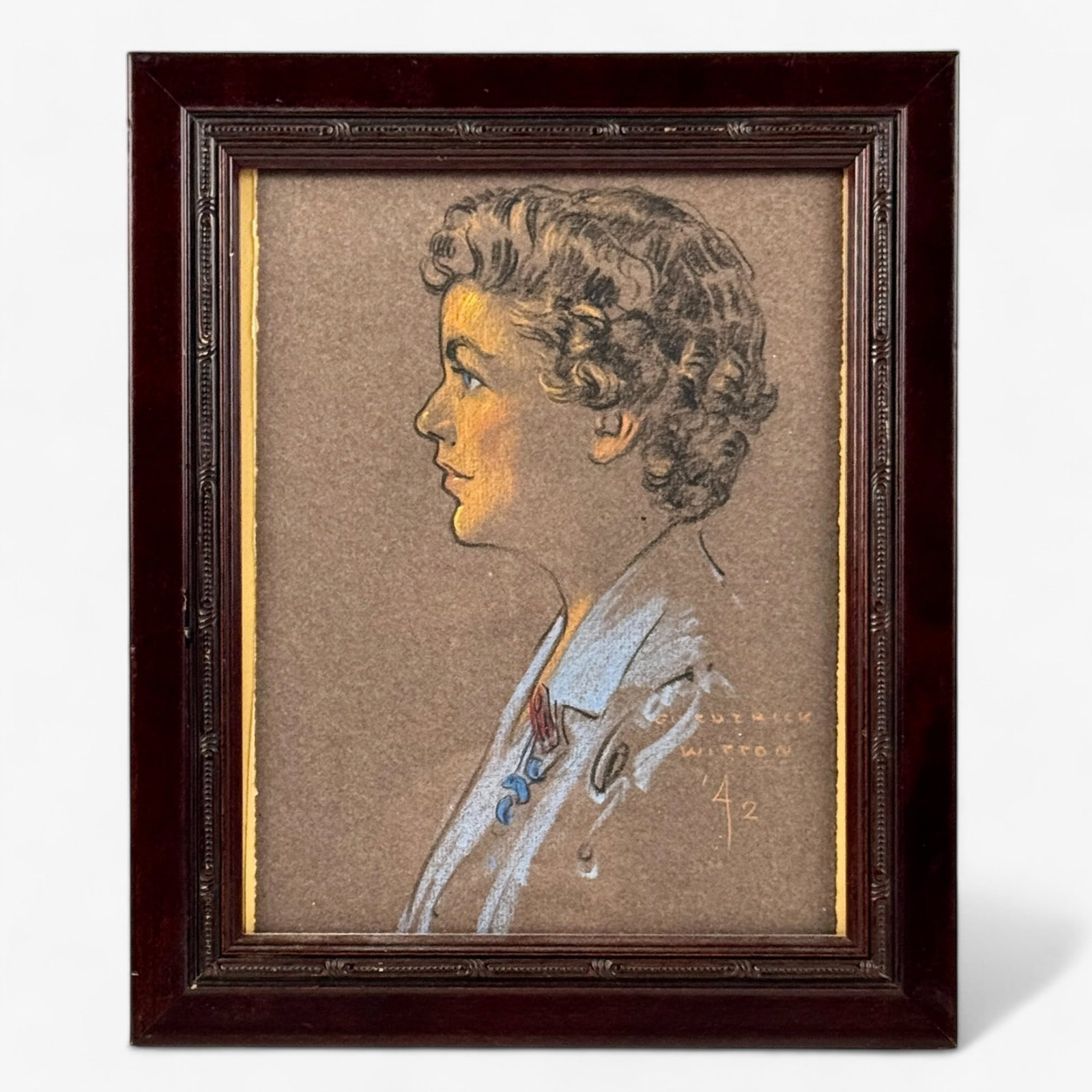 Four Portraits by Ch. Clark, Fr. Witton and Other: Four portraits of a man and woman, respectively. Two are by Christopher Clark (American/Florida, b. 1903). One pastel in the artist's quintessential style, signed and dated, and another loose sheet wi