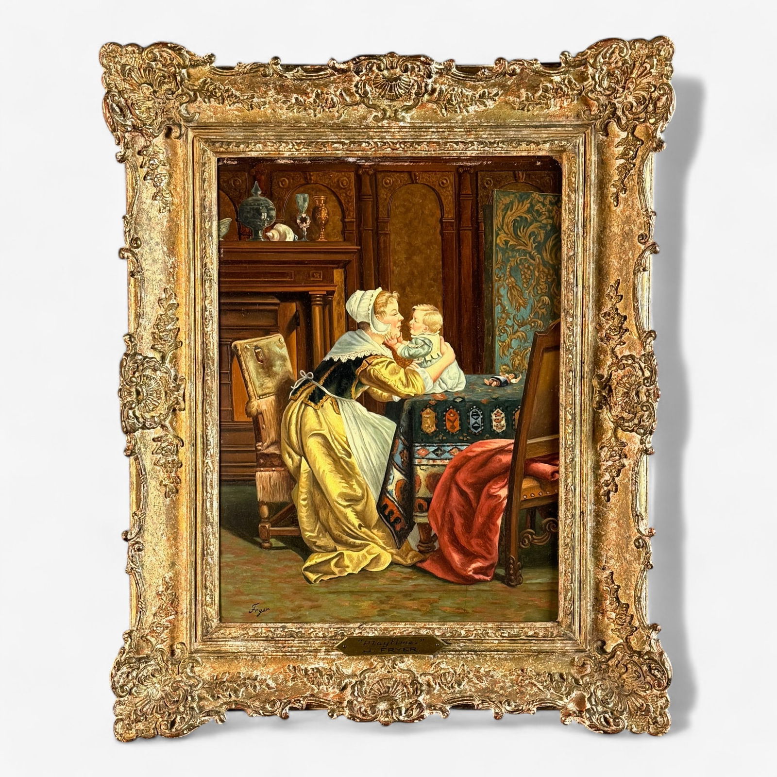 Pair of Oil Paintings on Board: One by J. Fryer titled "Playtime" and one initialled indistinctly to the lower left depicting a church organ with stool. Largest framed size: 28" ht. x 24" wd.