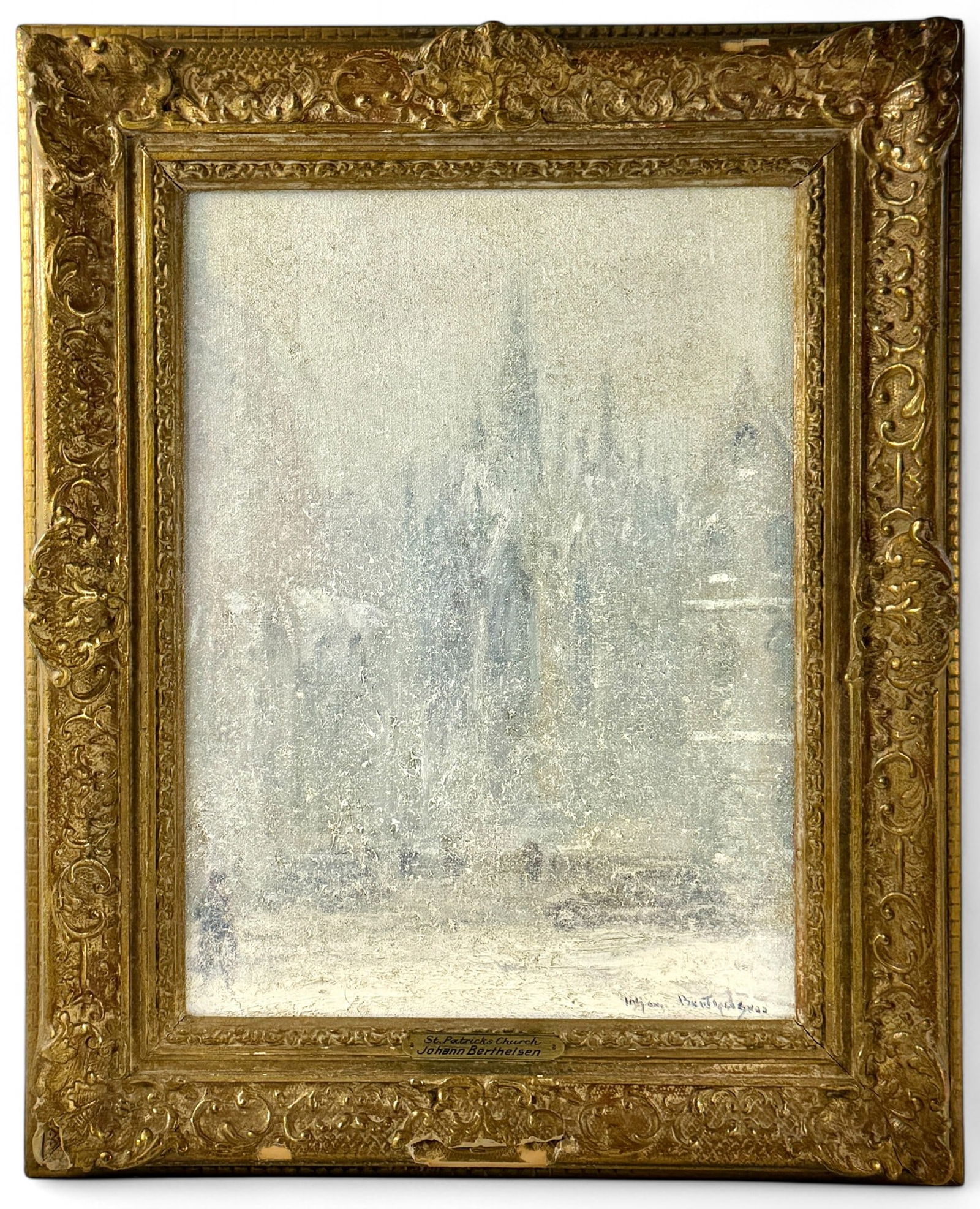 Johann Berthelsen, St. Patrick's Church New York: Johann Berthelsen (American, 1883-1972). Oil on canvas. Signed lower right. A snow covered scene of the iconic St. Patrick's Church, with figures in the foreground. Signed lower right. Titled in graph