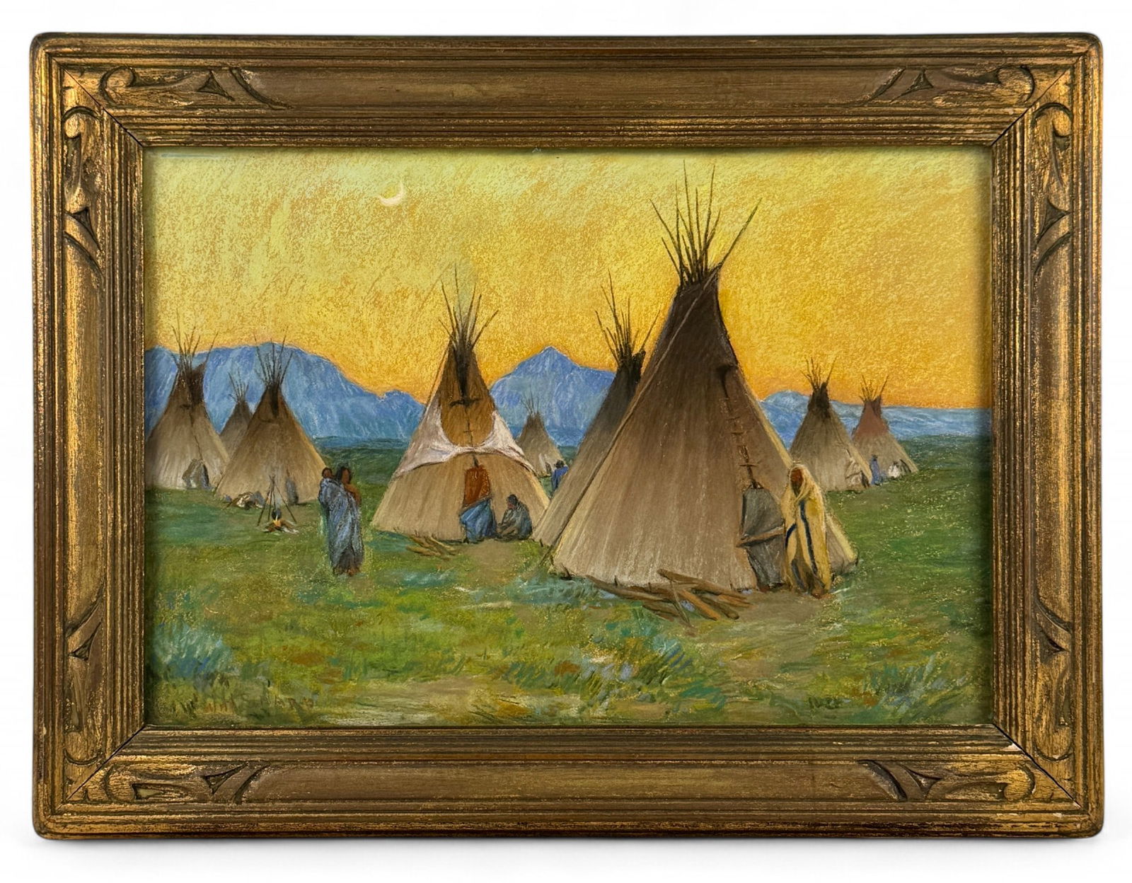 Encampment with Teepees by Joseph Henry Sharp: Joseph Henry Sharp (American/Cincinnati, 1859-1953)Encampment Scene (likely Montana)Pastel on paperSigned l.r.Housed in a period carved giltwood frame 10.5" x 15.5" (sight)14.5" x 20" (framed)
