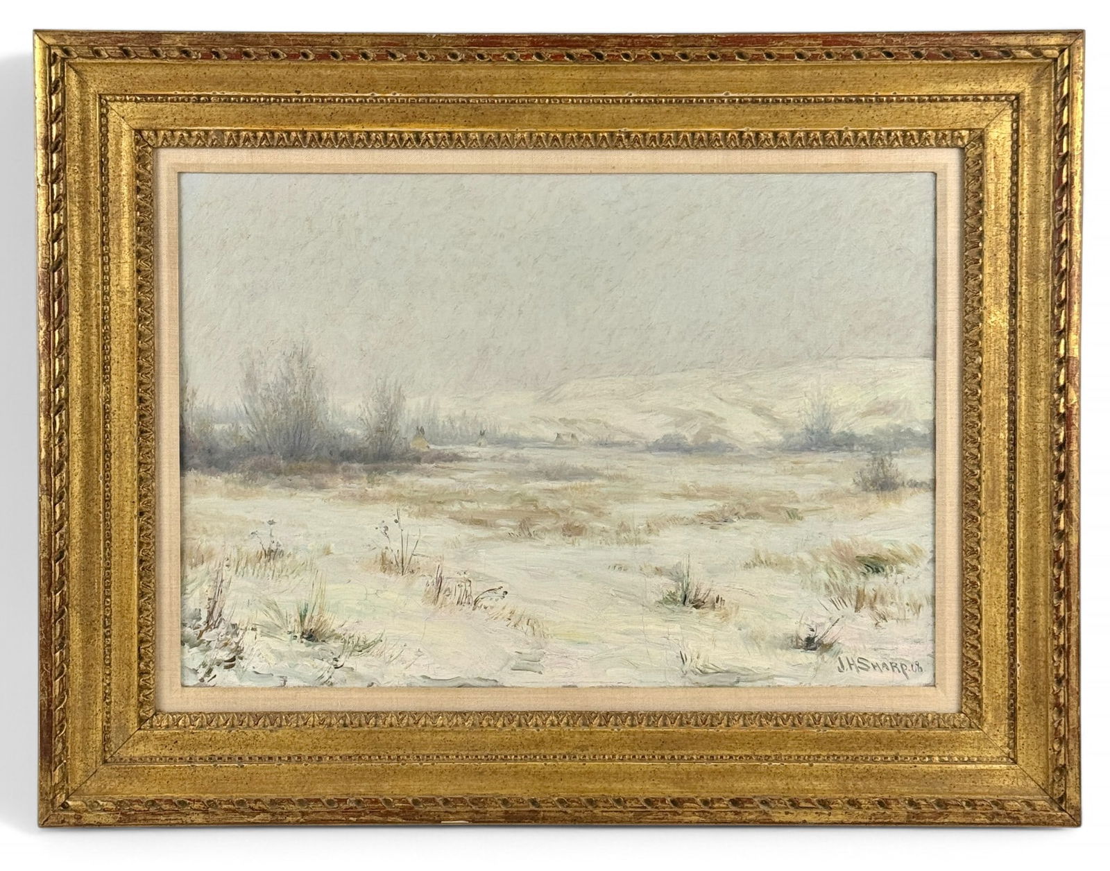 Joseph Henry Sharp, "Snowstorms" Encampment Scene: Joseph Henry Sharp (American/Cincinnati, 1859-1953) Ostensibly titled "Snowstorms" by way of label affixed to verso. The work retains what appears to be a portion of the original stretcher with graphi