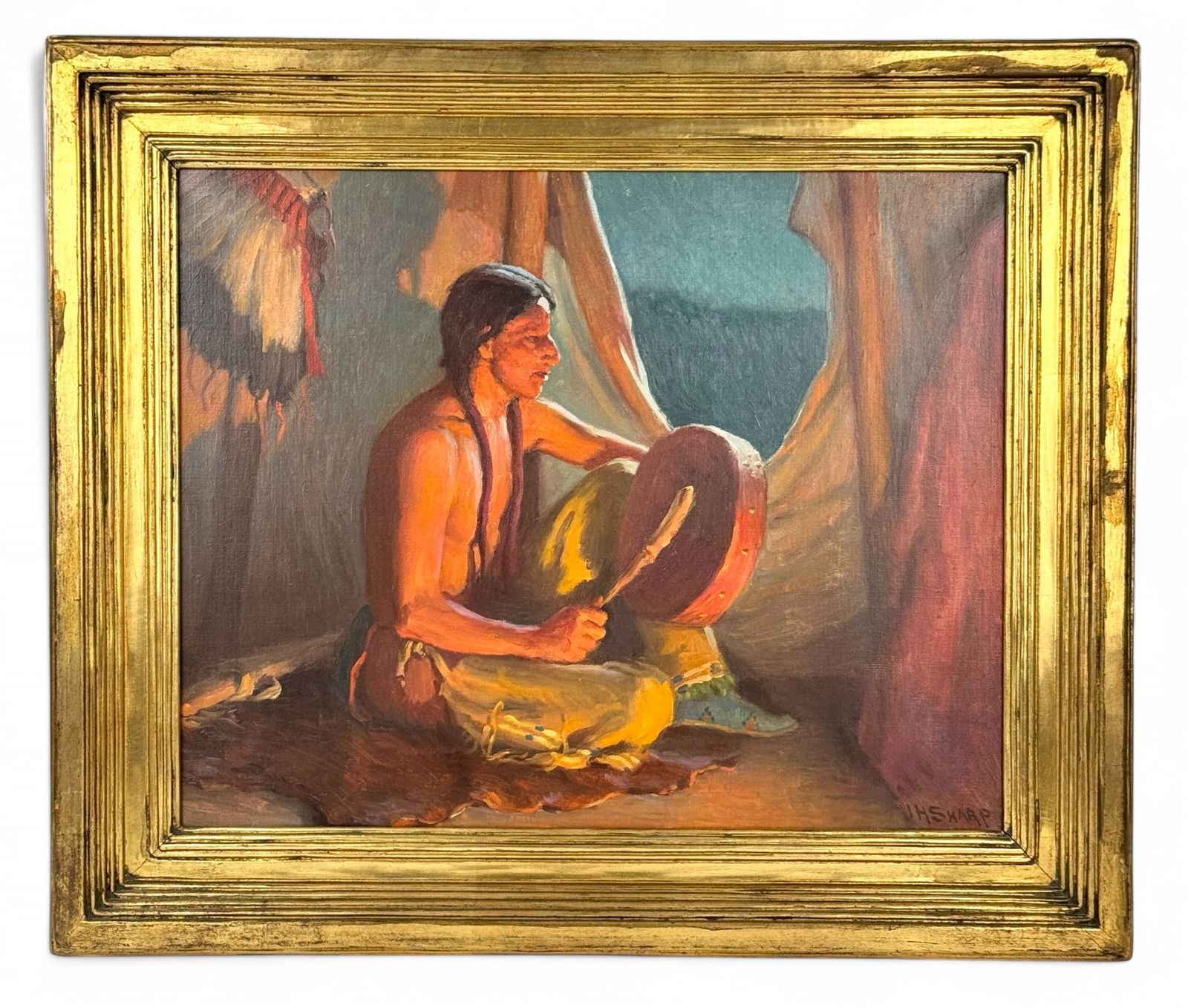 Firelight Scene by Joseph Henry Sharp: Joseph Henry Sharp (American/Cincinnati, 1859-1953) Firelight SceneOil on canvasSigned l.r. 16" x 20" (canvas size)21" x 25" (framed) A quintessential subject from Joseph Henry Sharp's Taos work, the